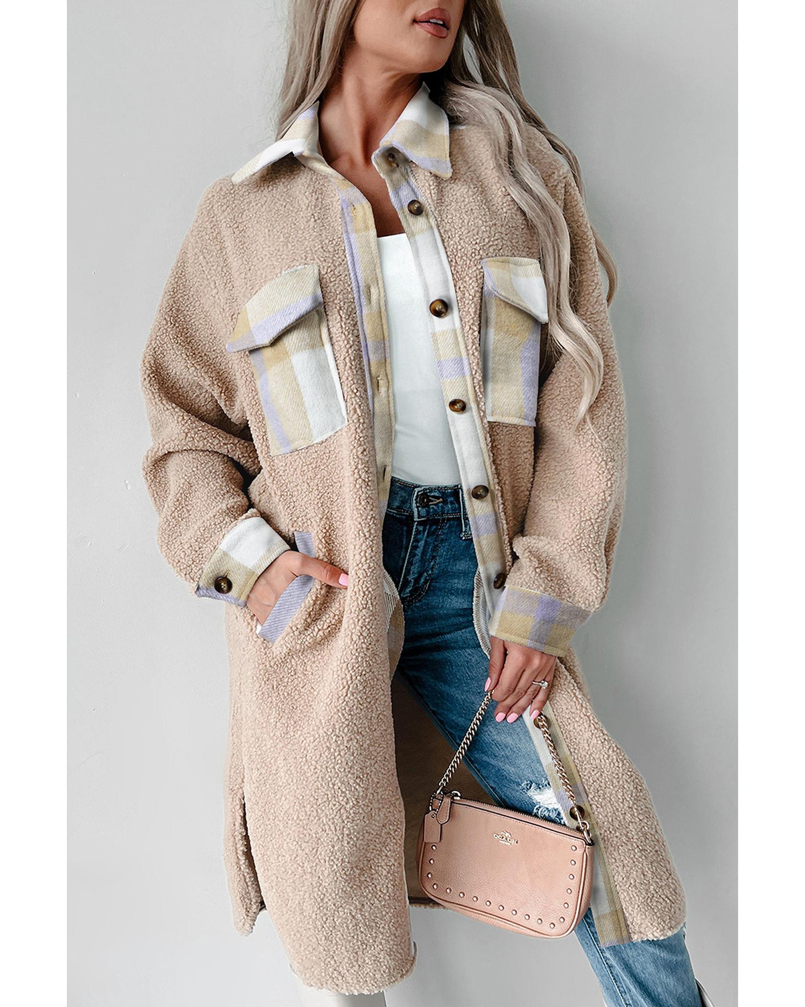 Smoke Gray Plaid Patchwork Collared Button-up Sherpa Long Coat - L