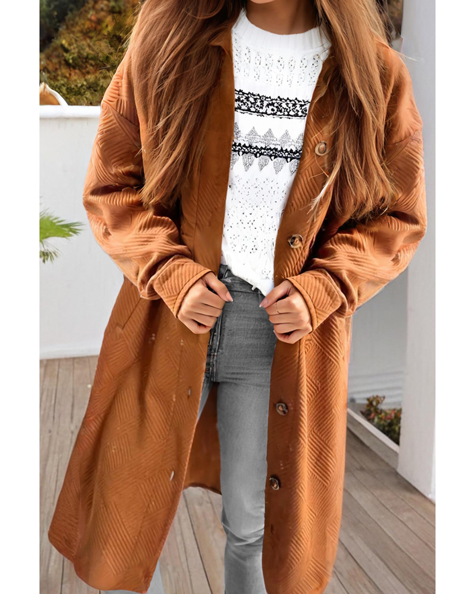 Gold Flame Textured Collared Drop Shoulder Buttoned Front Duster Coat - L