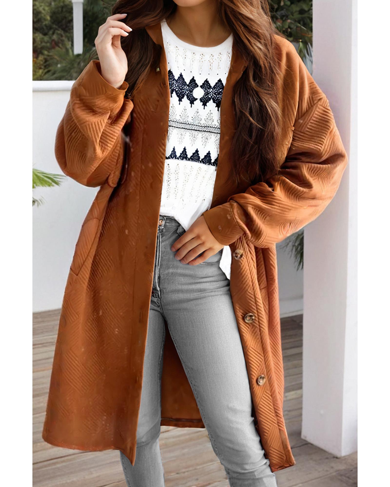 Gold Flame Textured Collared Drop Shoulder Buttoned Front Duster Coat - S