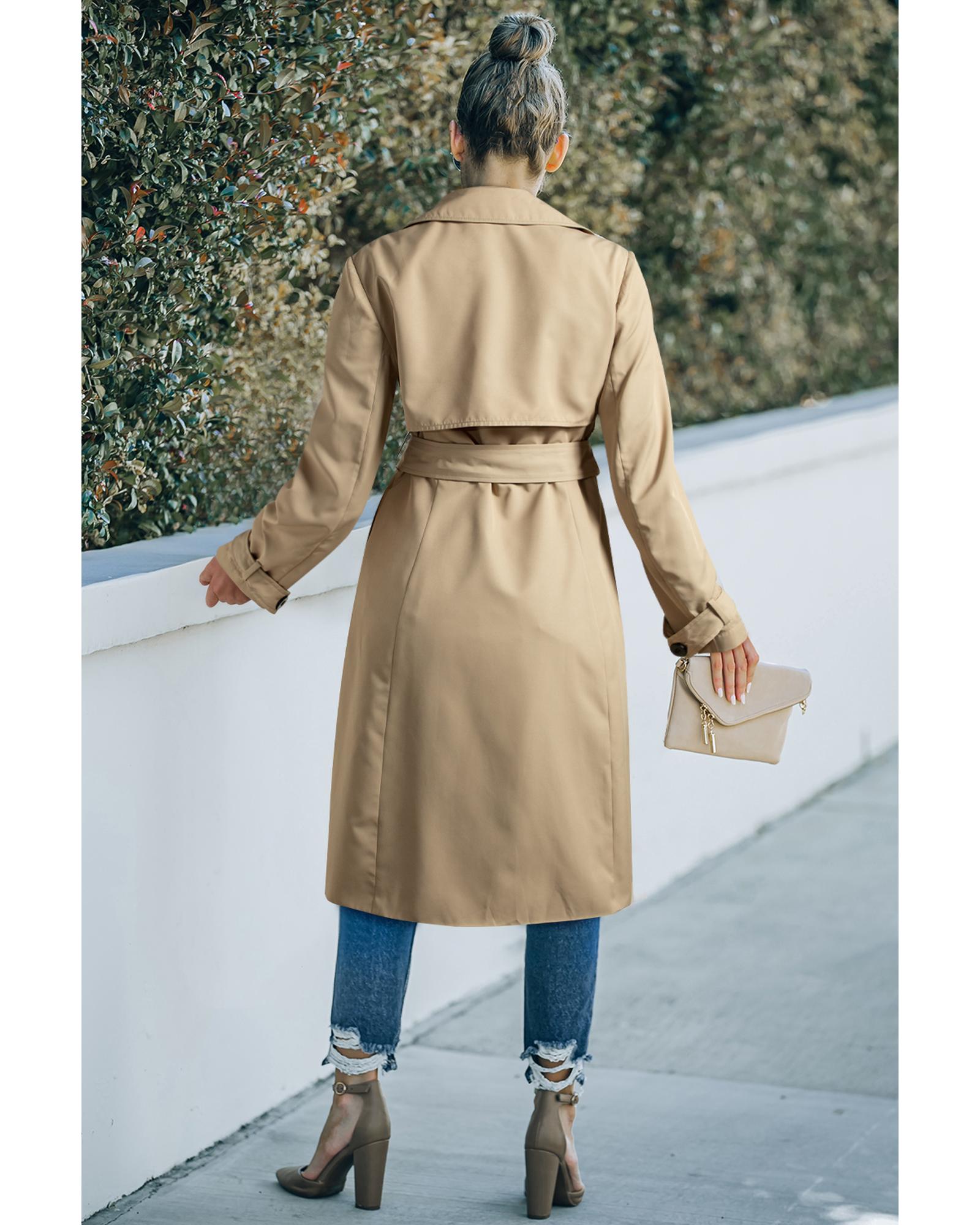 Pale Khaki Solid Color Lapel Collar Waist Tie Wind Coat - M