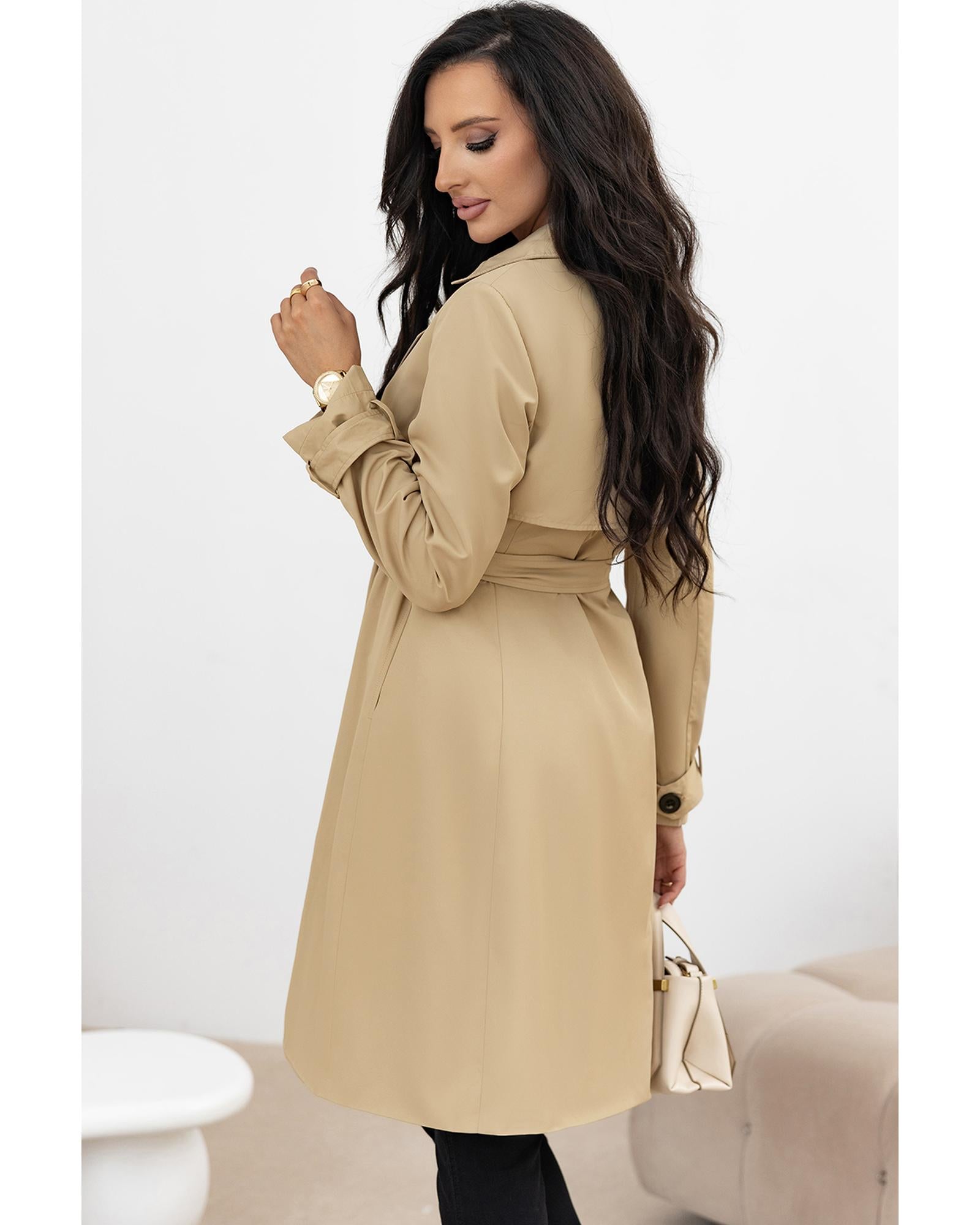 Pale Khaki Solid Color Lapel Collar Waist Tie Wind Coat - M