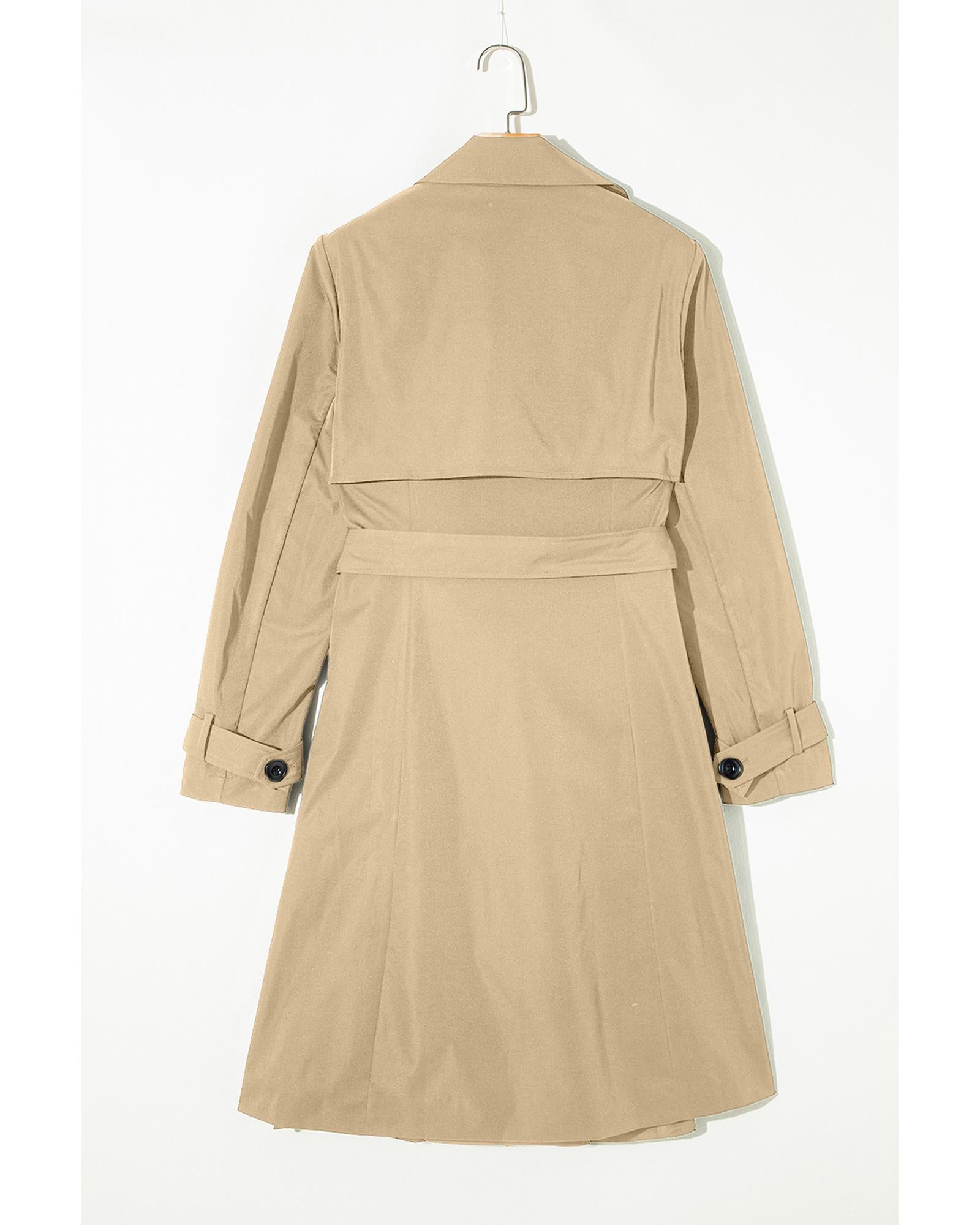 Pale Khaki Solid Color Lapel Collar Waist Tie Wind Coat - M