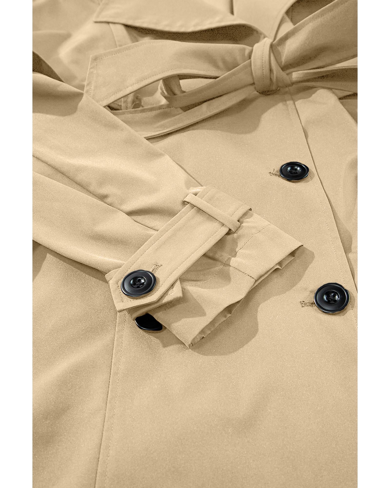 Pale Khaki Solid Color Lapel Collar Waist Tie Wind Coat - M