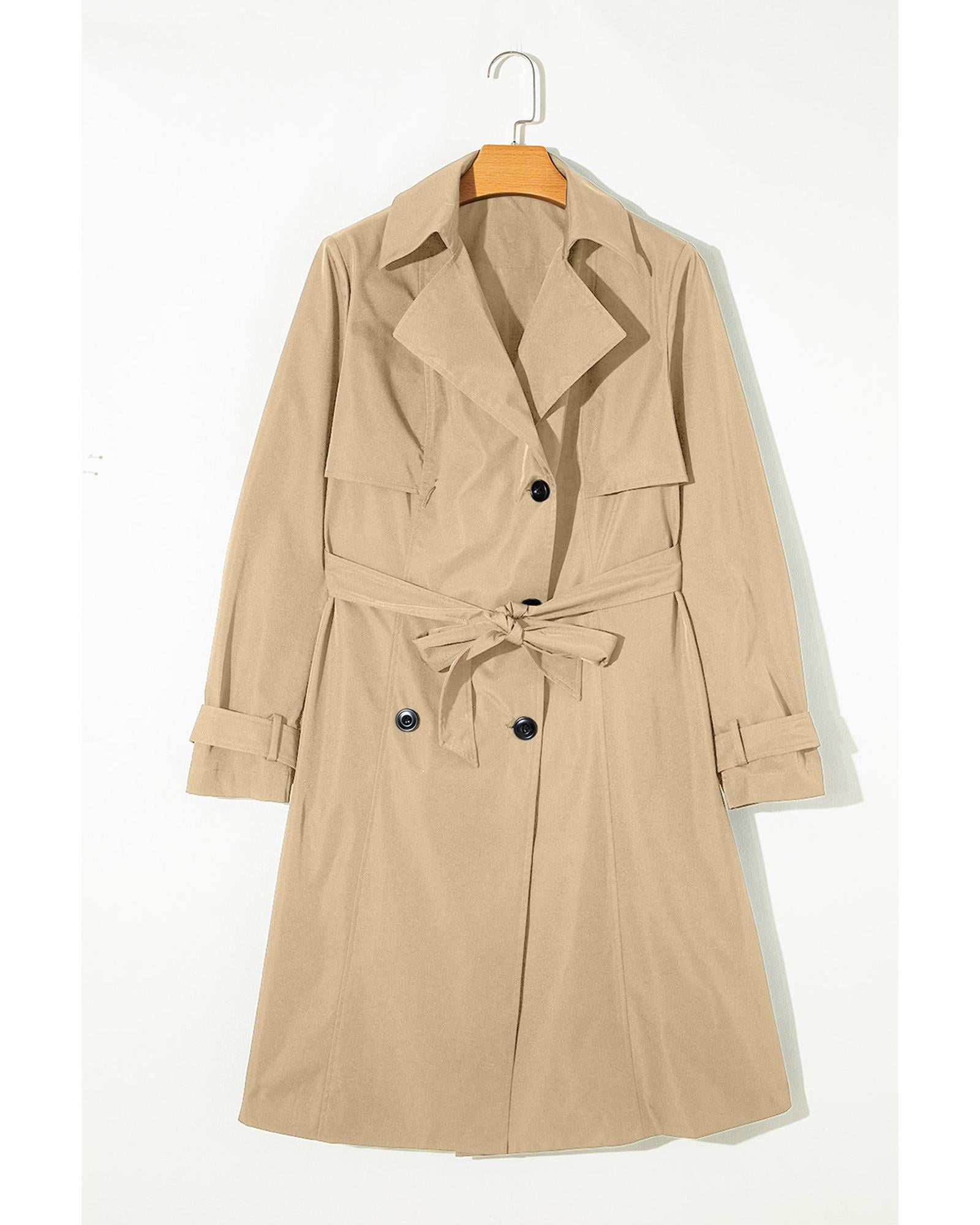 Pale Khaki Solid Color Lapel Collar Waist Tie Wind Coat - M