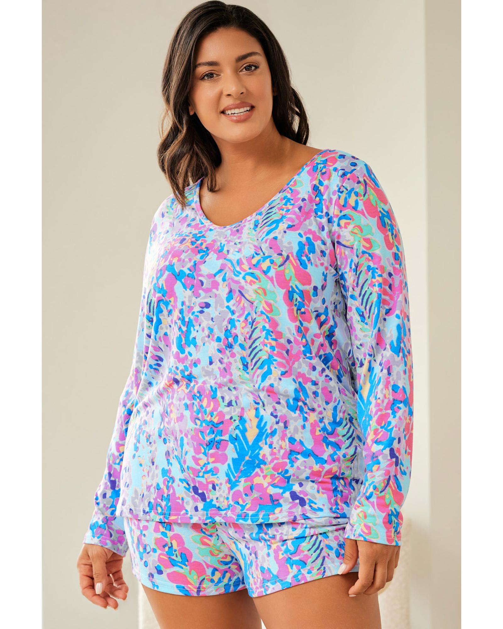 Sky Blue Plus Size Floral Print Long Sleeve and Shorts Lounge Outfit - 1X