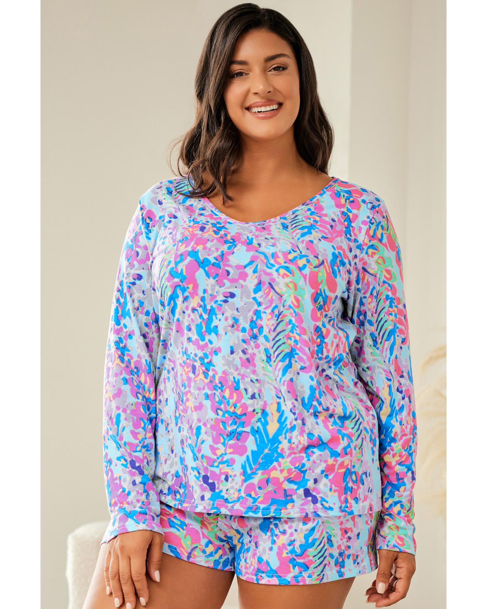 Sky Blue Plus Size Floral Print Long Sleeve and Shorts Lounge Outfit - 1X