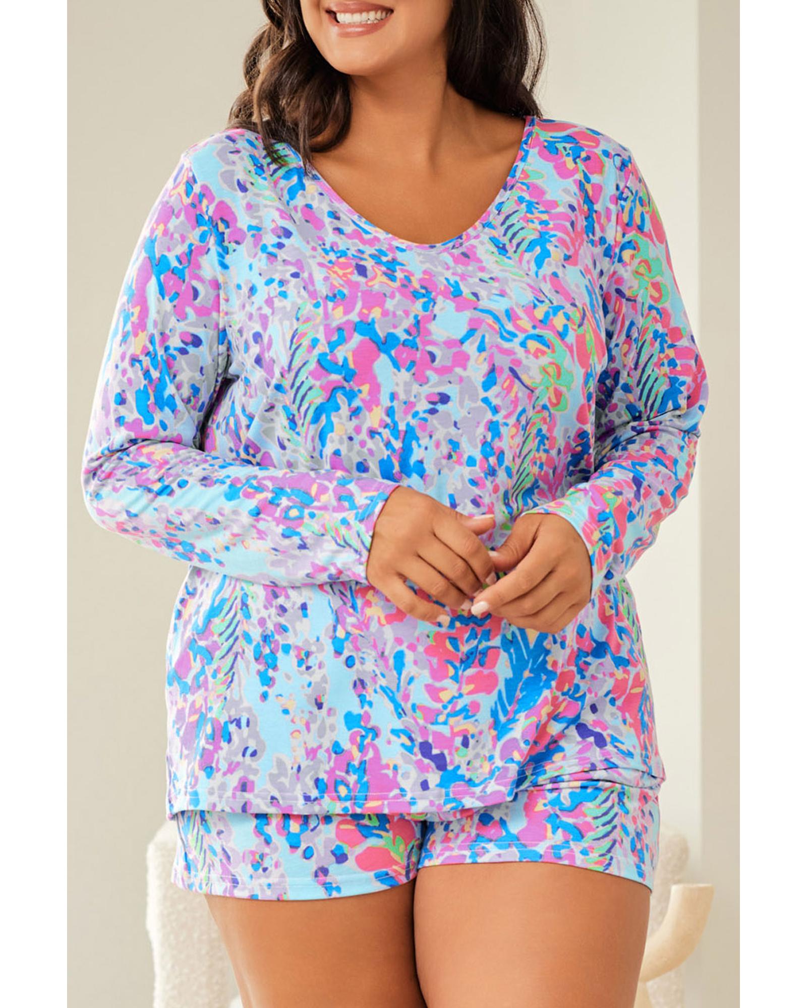 Sky Blue Plus Size Floral Print Long Sleeve and Shorts Lounge Outfit - 2X