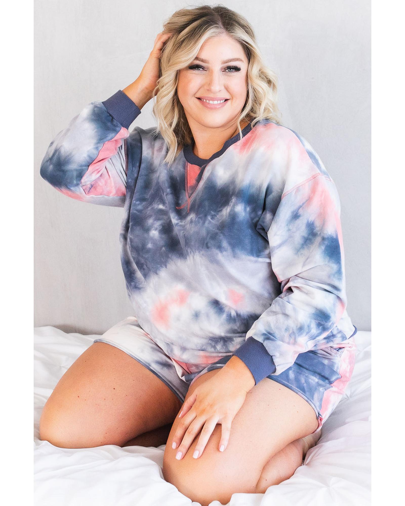 Multicolour Plus Tie Dye Ribbed Trim Top Pocketed Shorts Set - 2X