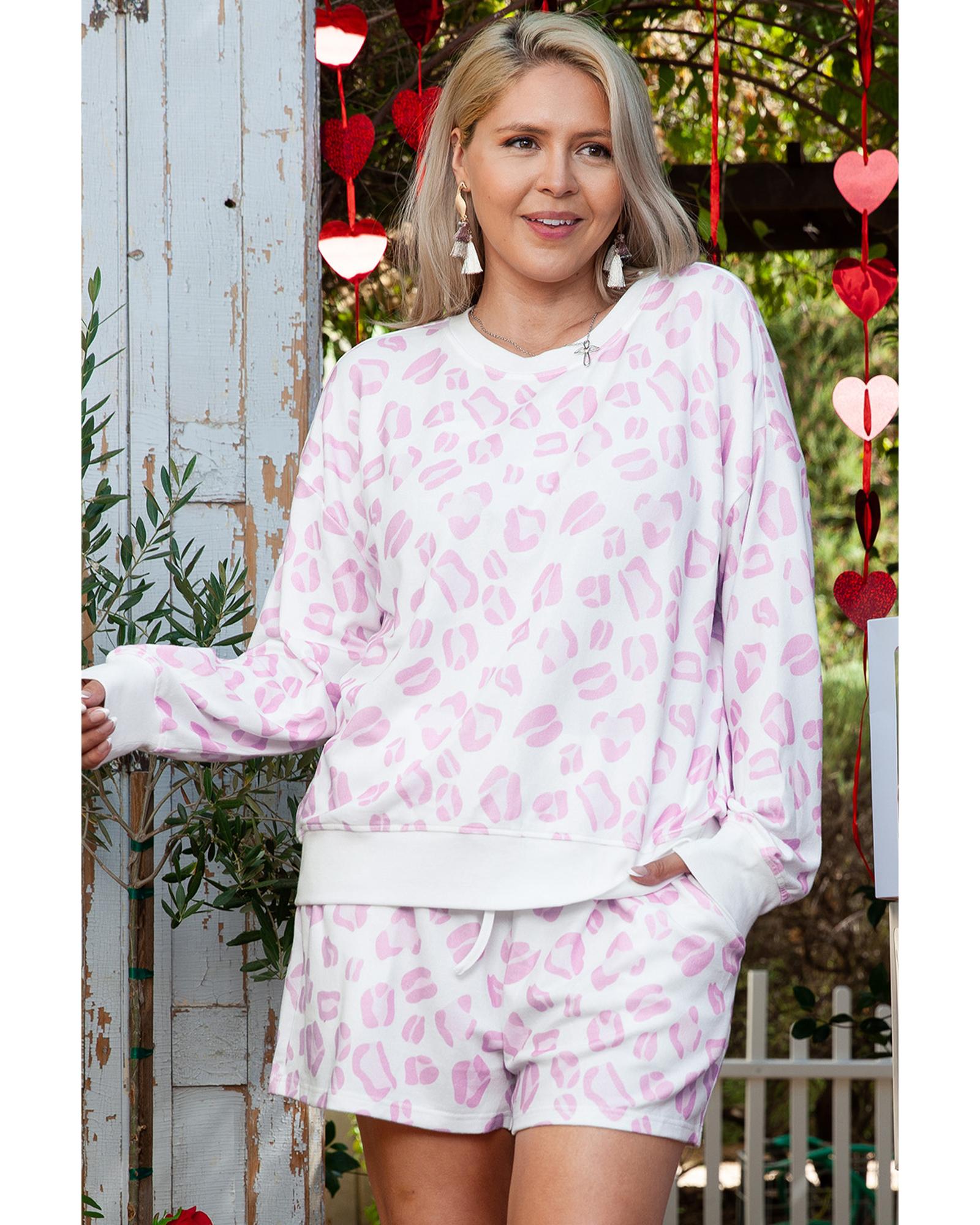 Pink Leopard Print Long Sleeve Top Plus Size Shorts Set - 1X