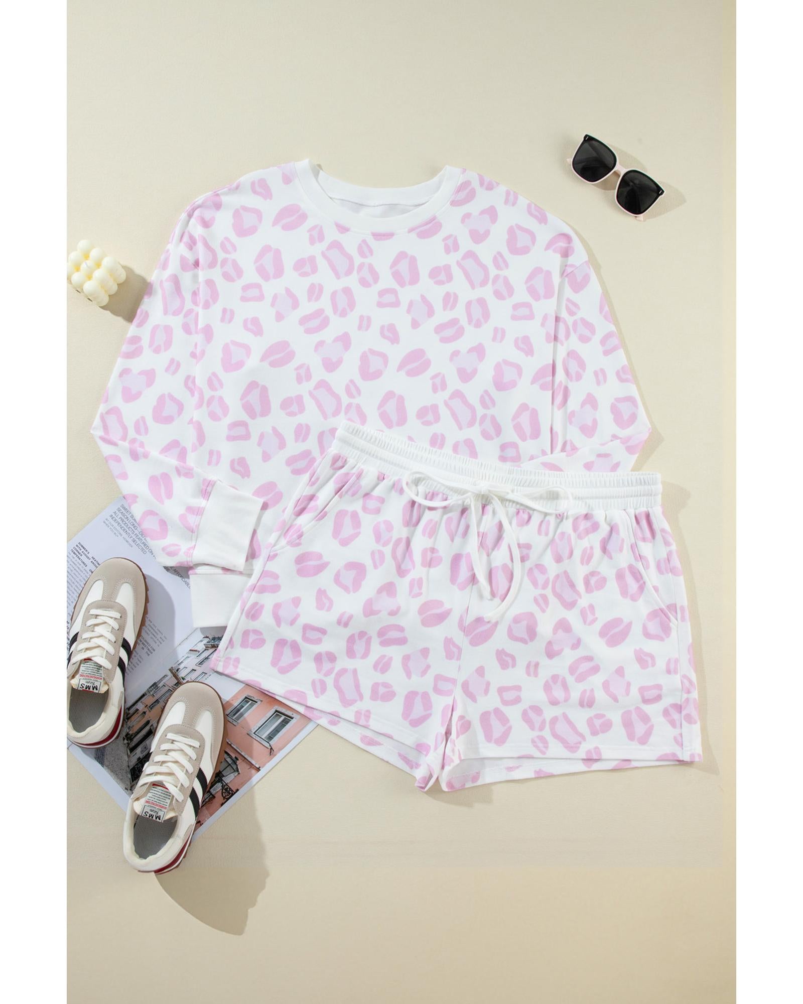 Pink Leopard Print Long Sleeve Top Plus Size Shorts Set - 1X