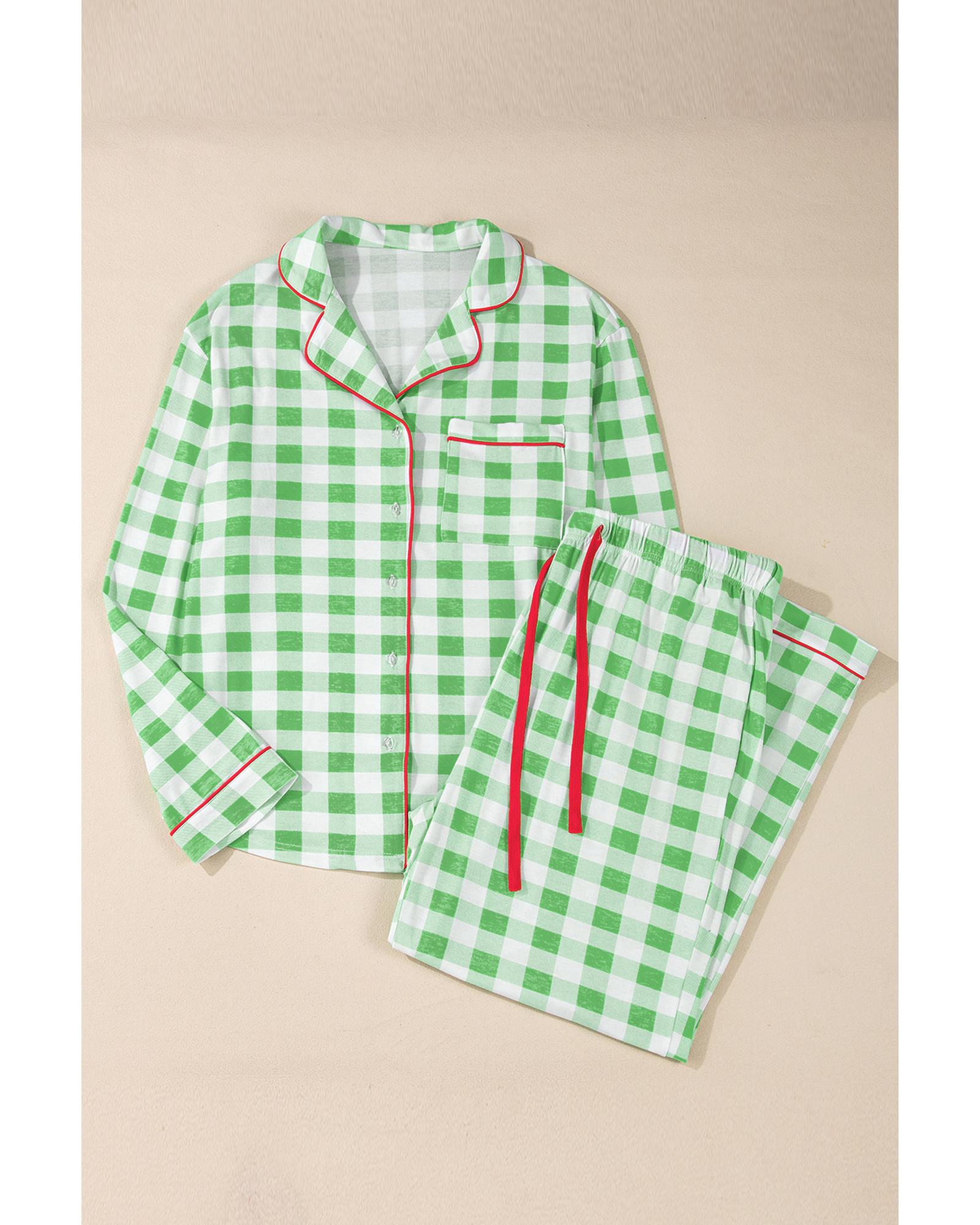 Green Plaid Print Contrast Trim Long Sleeve Plus Size Pajama Set - 1X