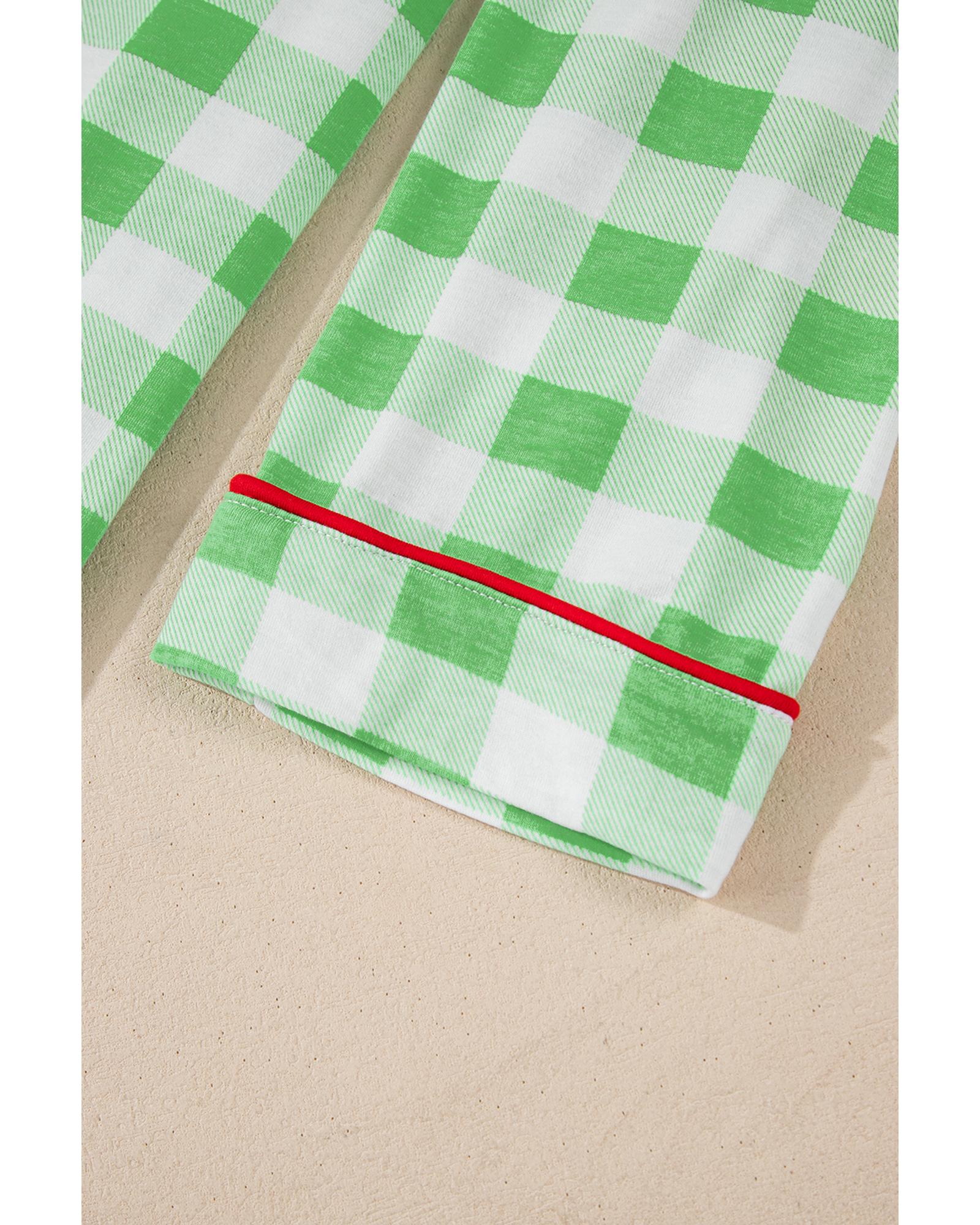 Green Plaid Print Contrast Trim Long Sleeve Plus Size Pajama Set - 2X