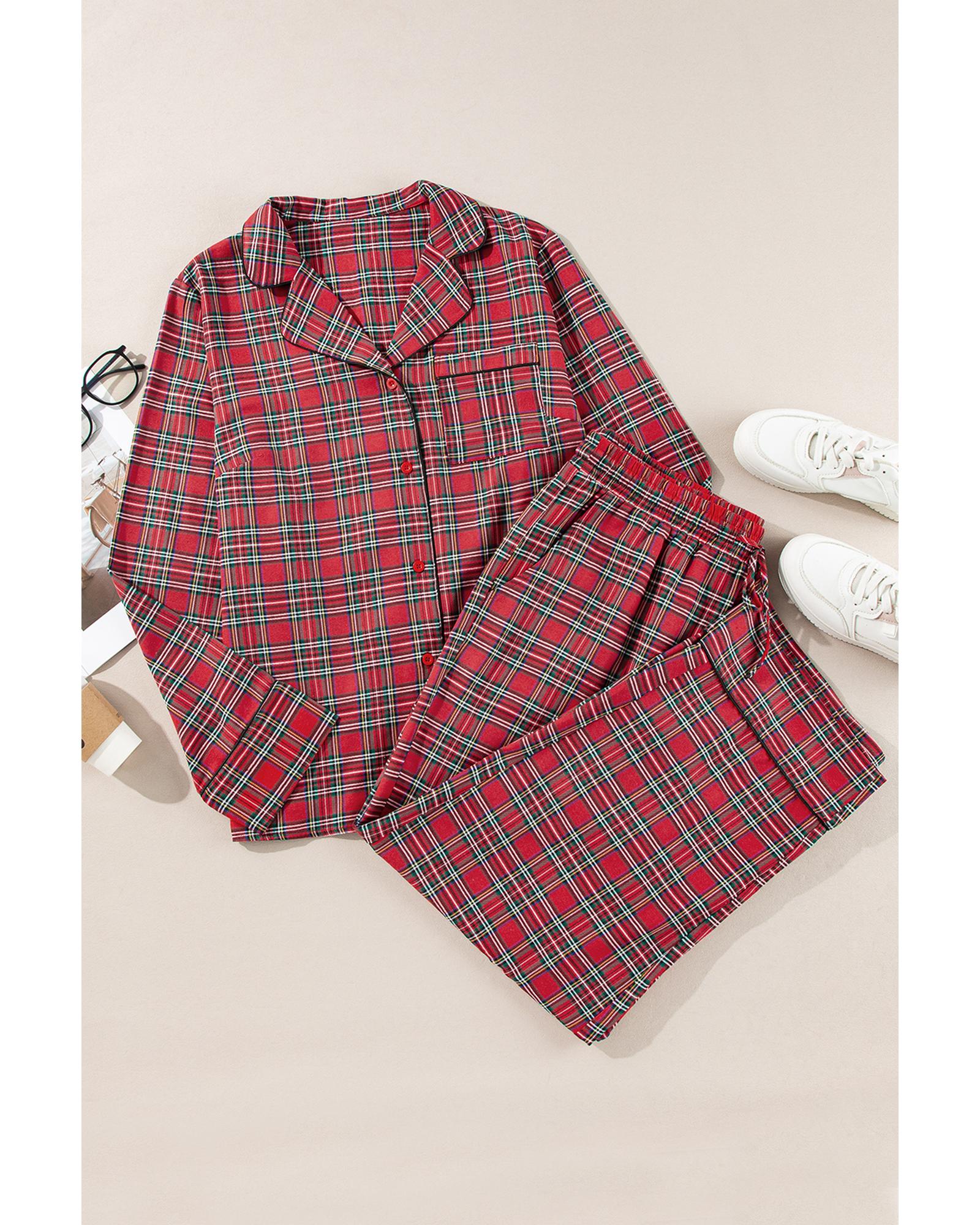 Red Plaid Printed Shirt and Pants Plus Size Lounge Set - 4X