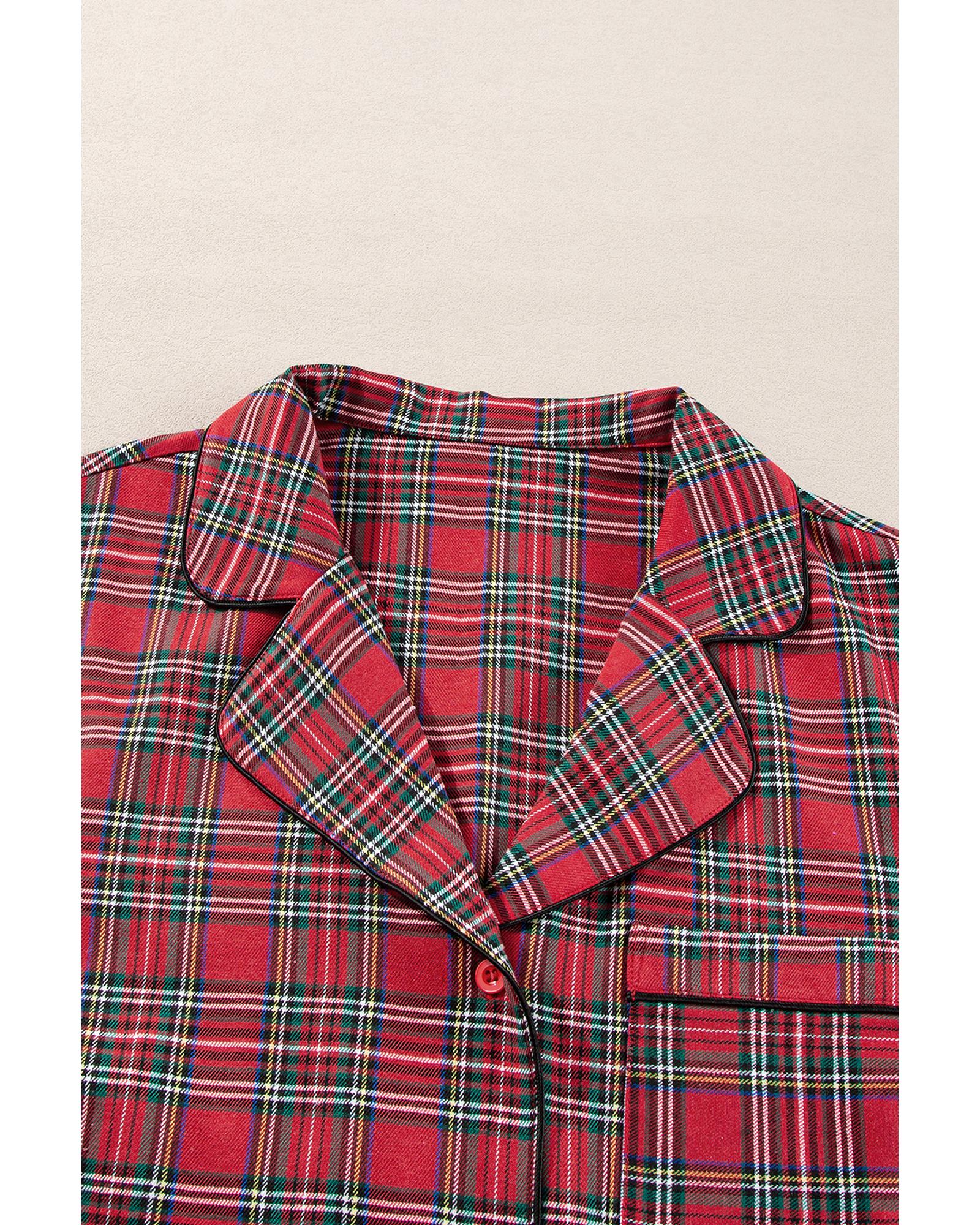 Red Plaid Printed Shirt and Pants Plus Size Lounge Set - 4X