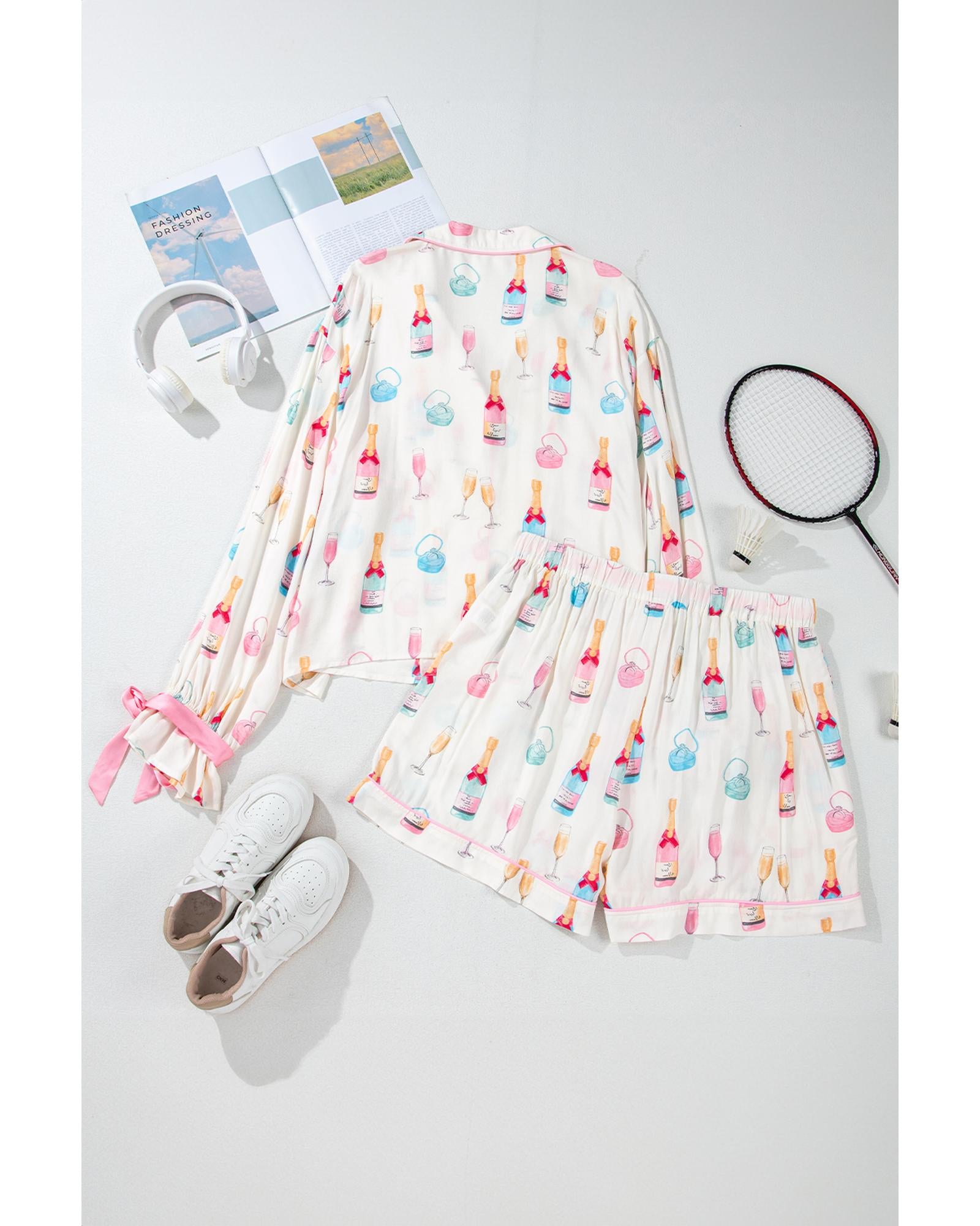 White Plus Size Wine Glass Print Bow Knot Pajama Set - 1X