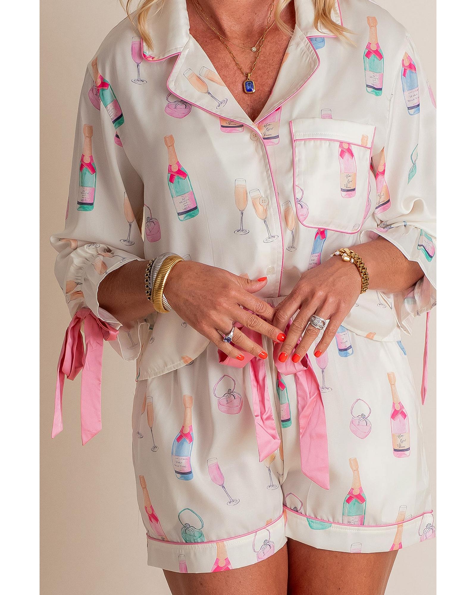 White Plus Size Wine Glass Print Bow Knot Pajama Set - 1X