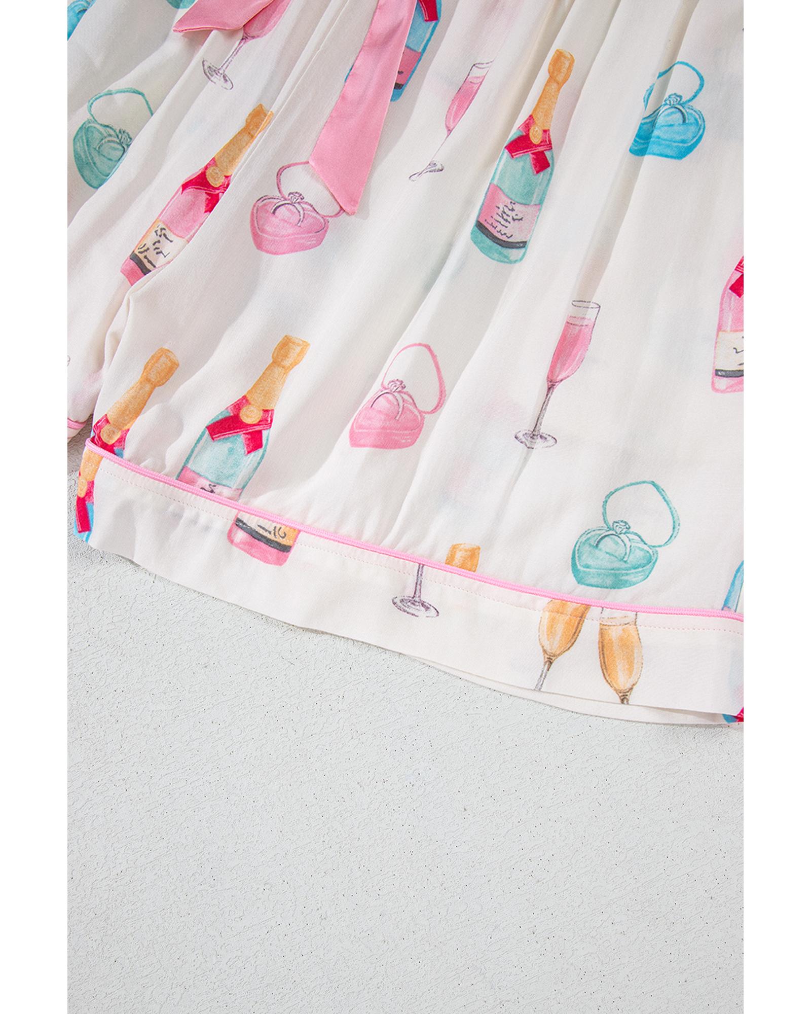 White Plus Size Wine Glass Print Bow Knot Pajama Set - 4X