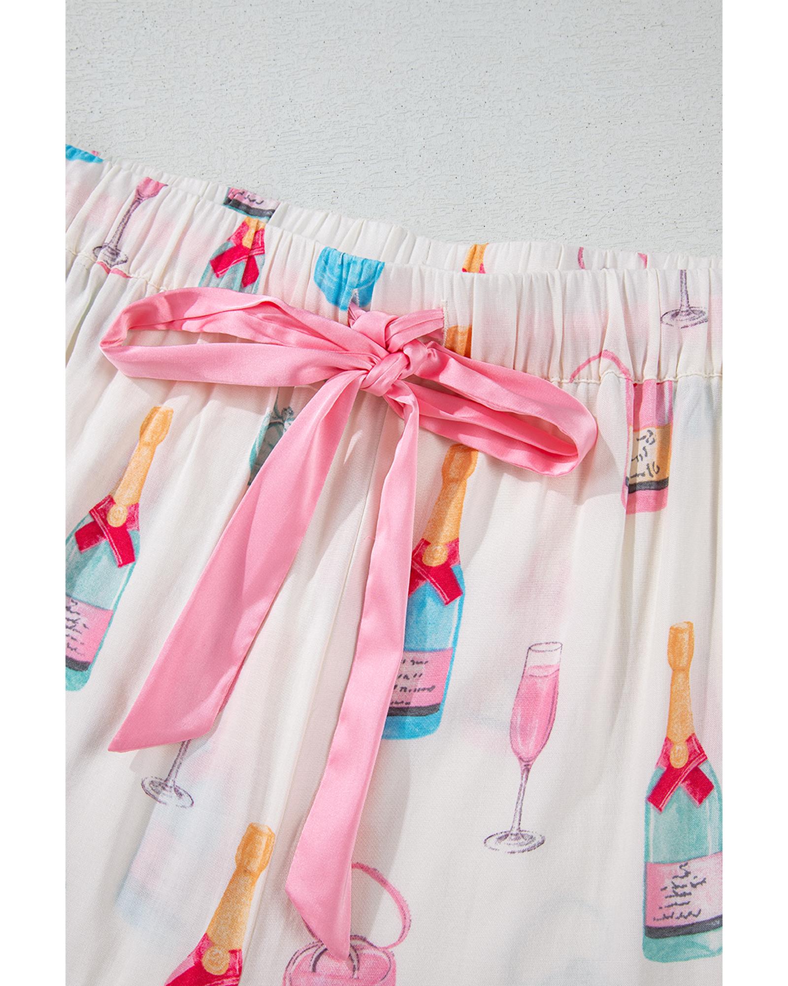 White Plus Size Wine Glass Print Bow Knot Pajama Set - 4X