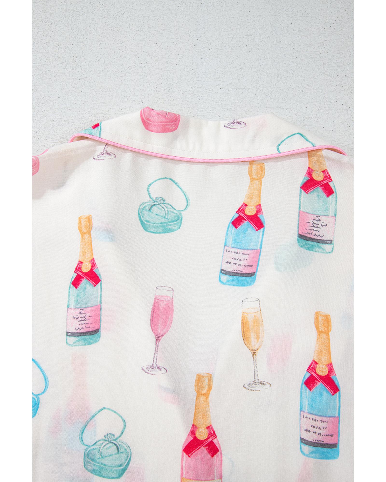 White Plus Size Wine Glass Print Bow Knot Pajama Set - 4X
