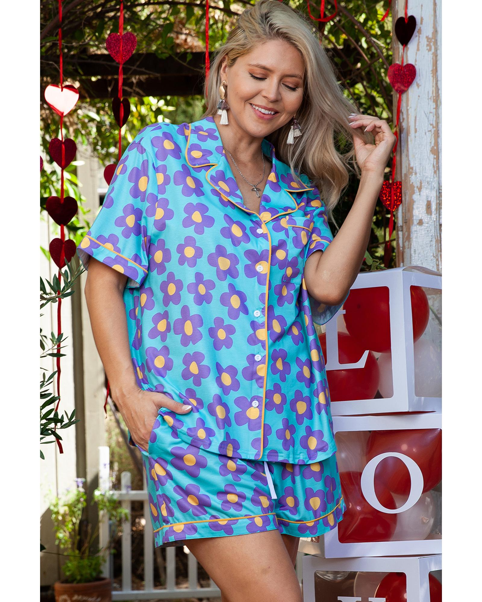 Sky Blue Cute Flower Print Contrast Trim Plus Size Short PJ Set - 1X