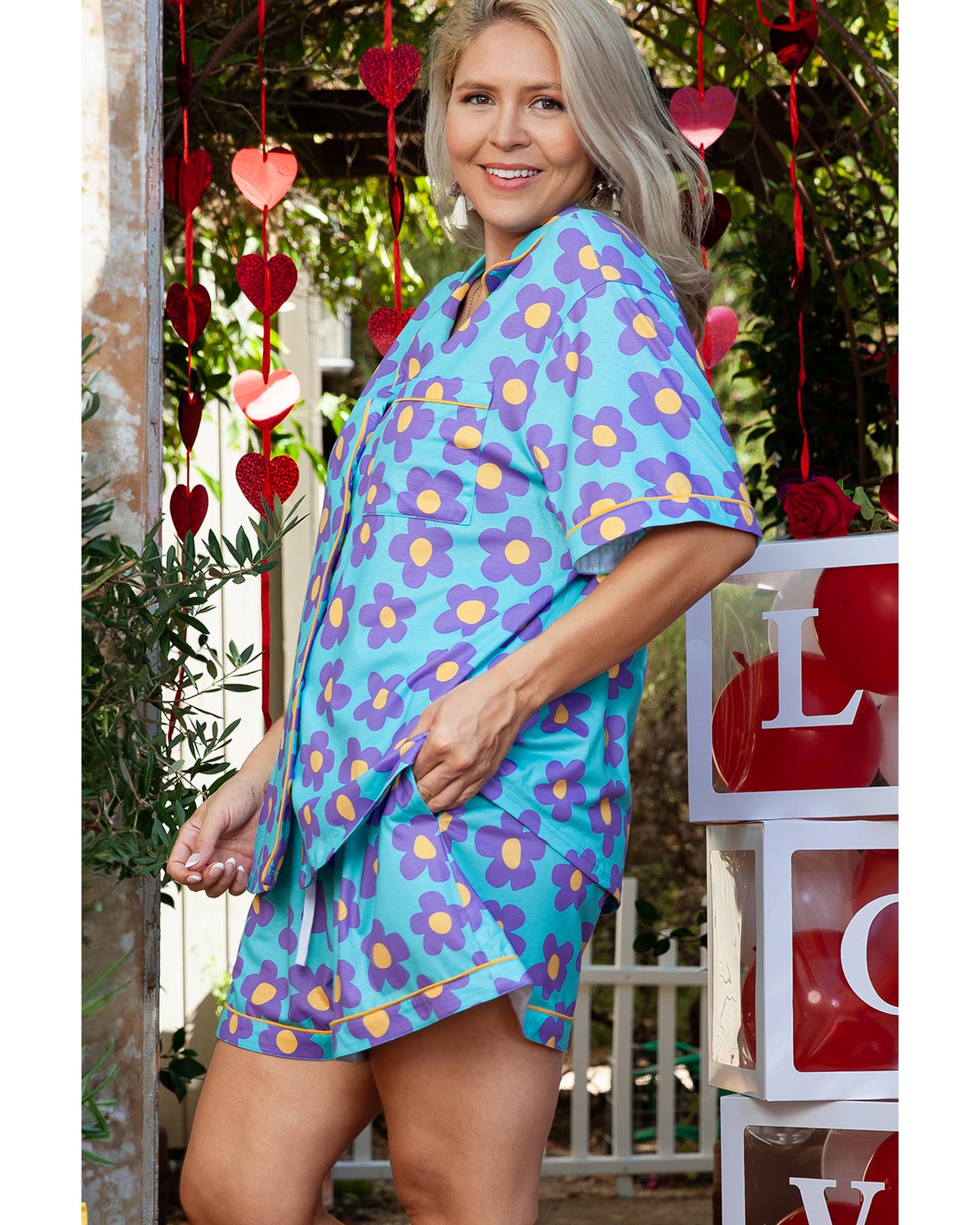 Sky Blue Cute Flower Print Contrast Trim Plus Size Short PJ Set - 1X