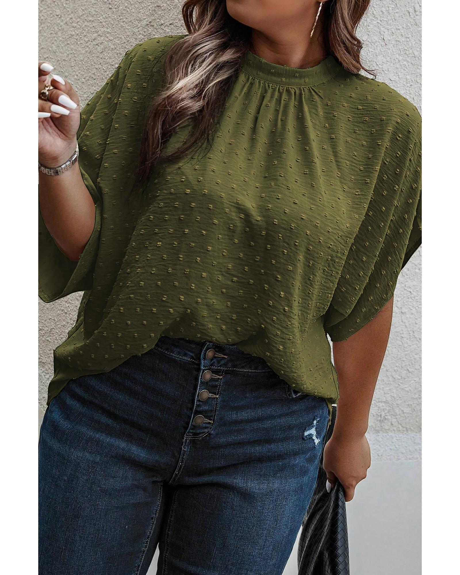 Moss Green Plus Size Swiss Dot Mock Neck Tied Nape Top - 1X