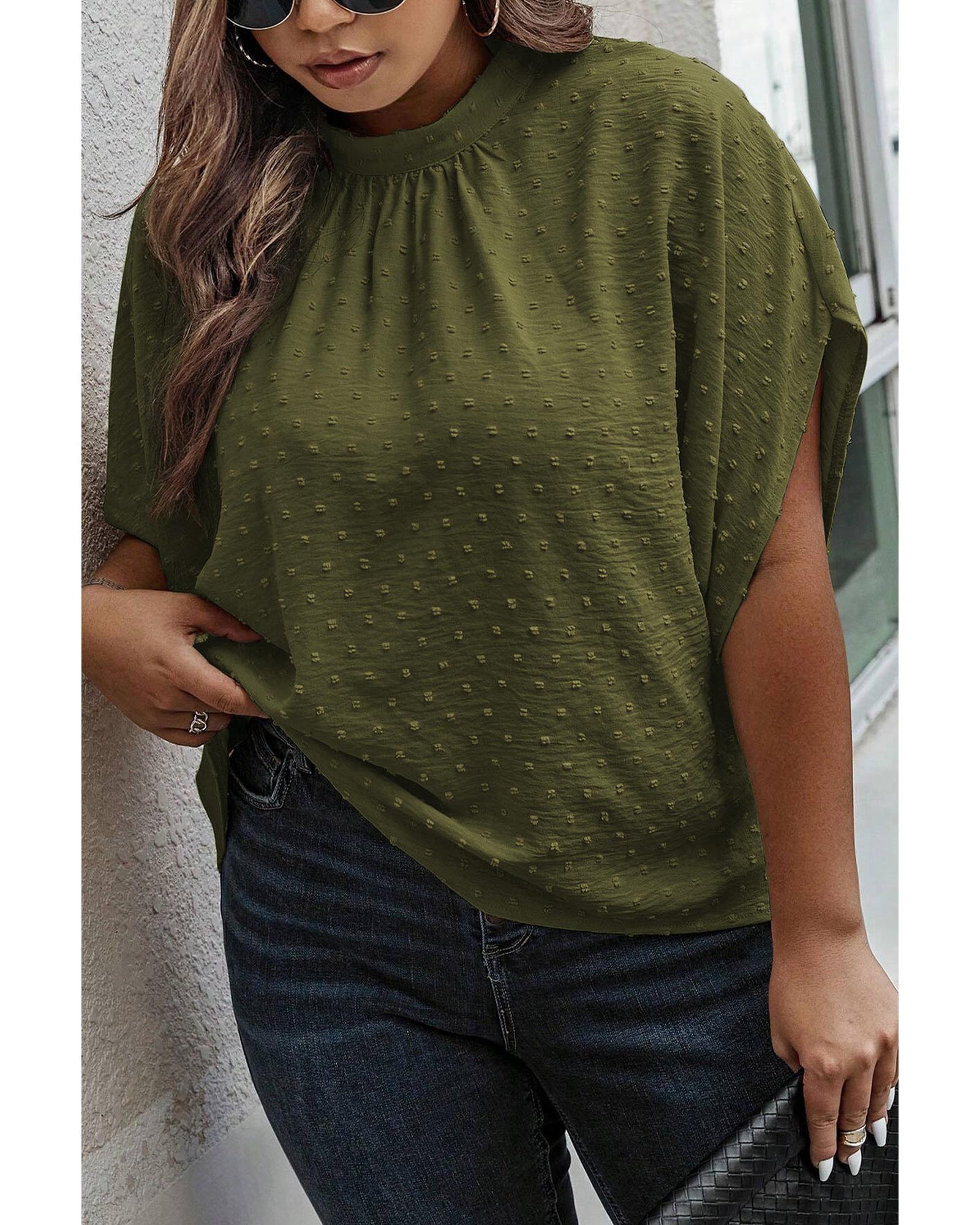 Moss Green Plus Size Swiss Dot Mock Neck Tied Nape Top - 1X
