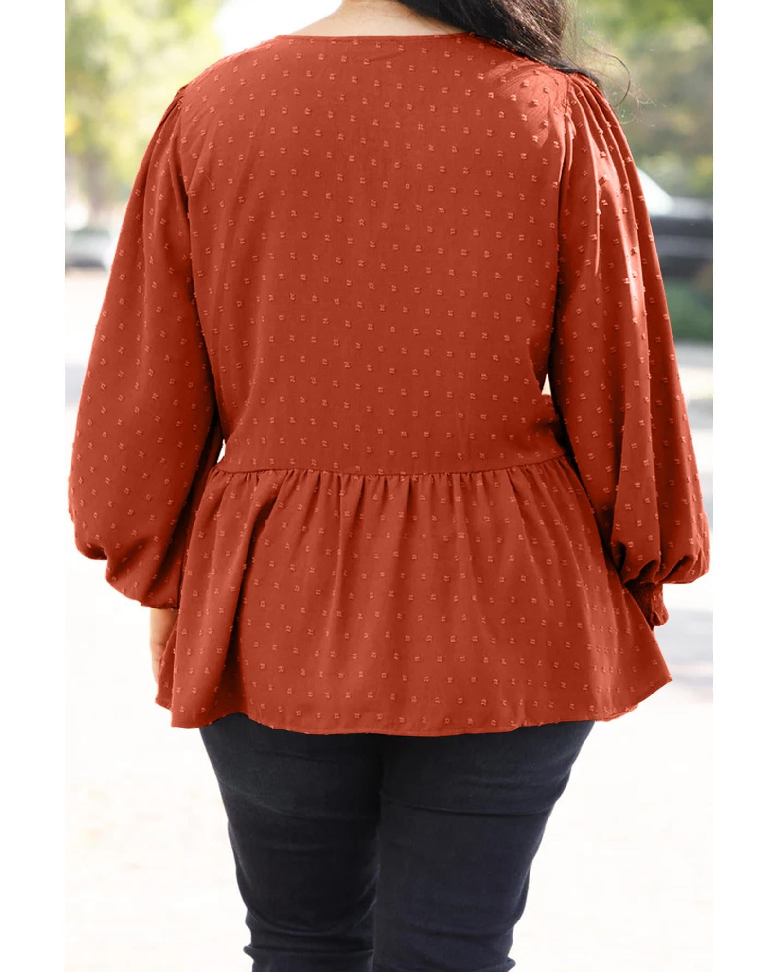 Gold Flame Plus Size Swiss Dot V Neck Wrap Tie Side Blouse - 1X
