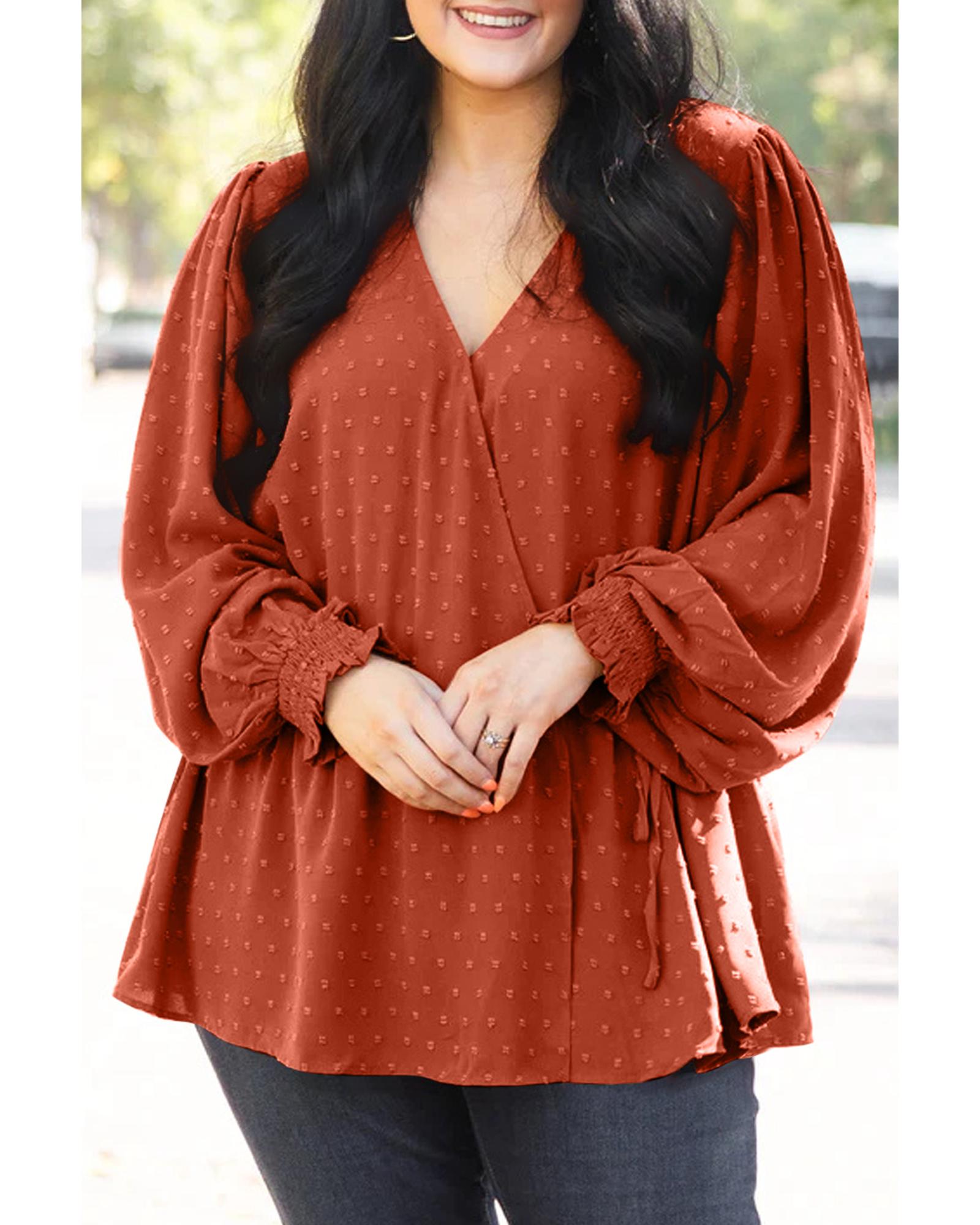Gold Flame Plus Size Swiss Dot V Neck Wrap Tie Side Blouse - 1X