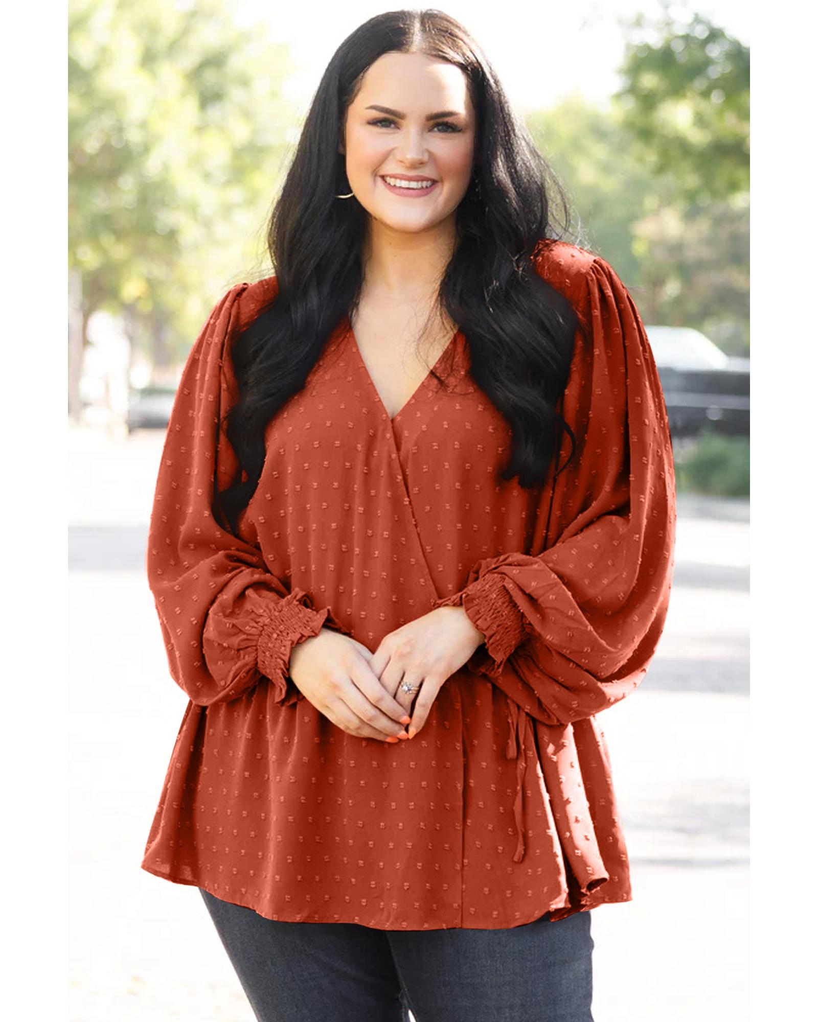 Gold Flame Plus Size Swiss Dot V Neck Wrap Tie Side Blouse - 2X