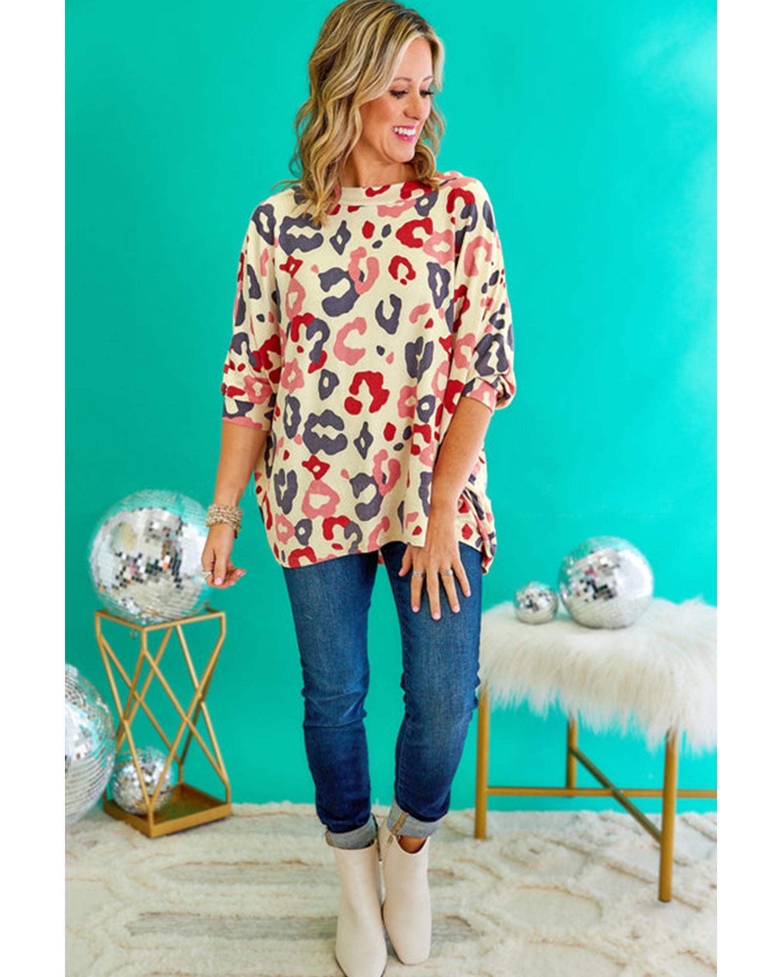 White Colorful Leopard Print Batwing Sleeve Plus Jumper - 2X