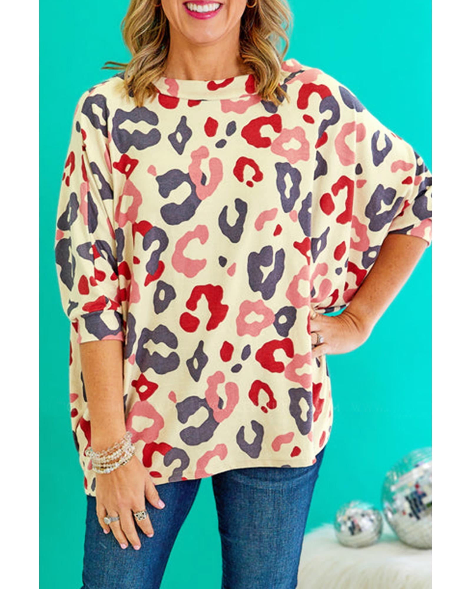White Colorful Leopard Print Batwing Sleeve Plus Jumper - 2X