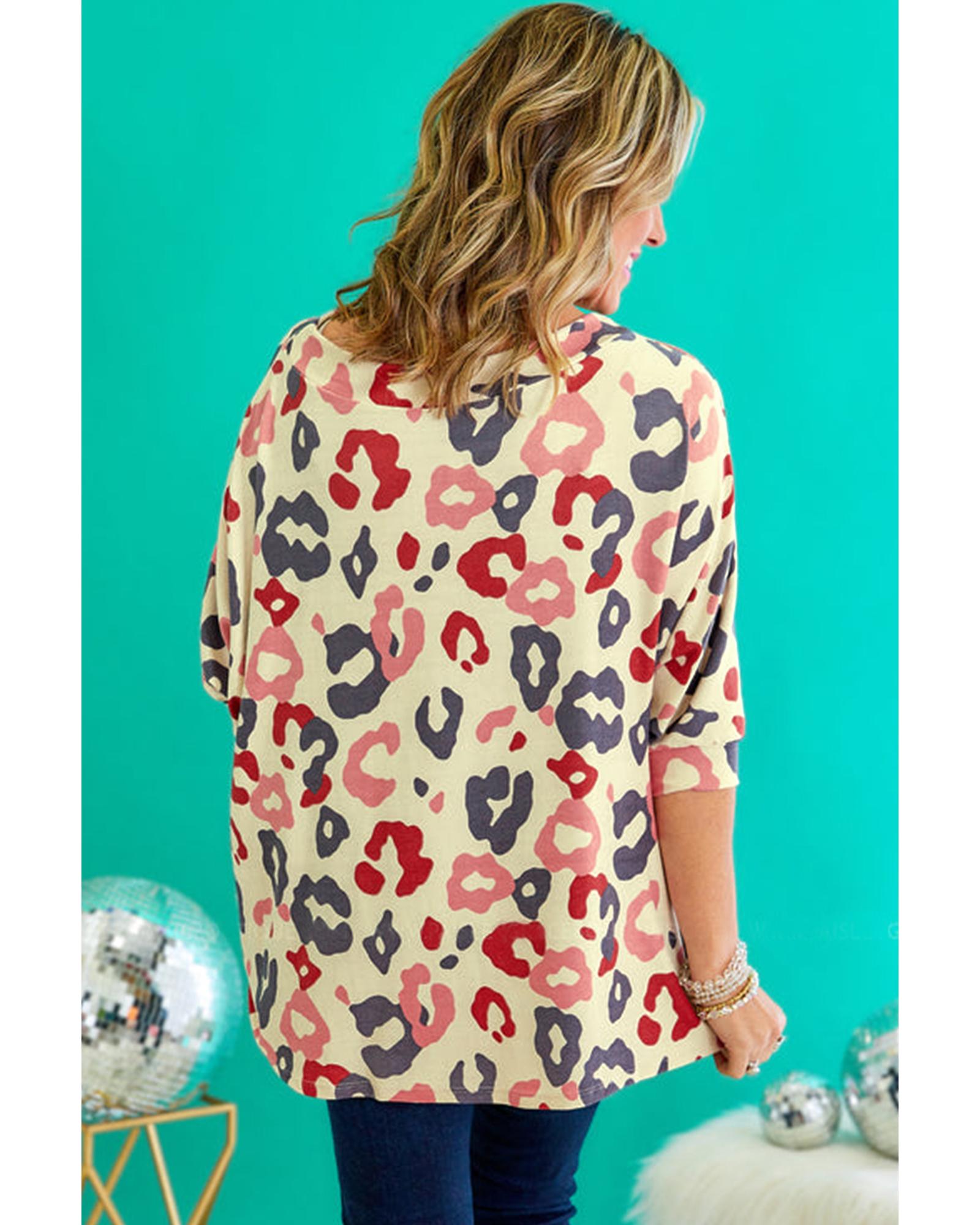 White Colorful Leopard Print Batwing Sleeve Plus Jumper - 2X