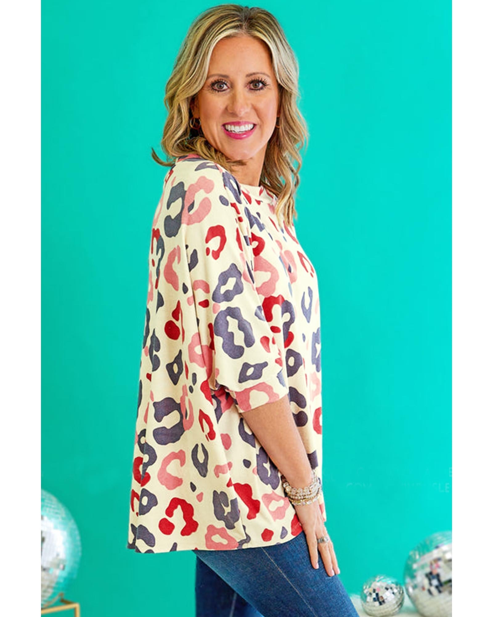 White Colorful Leopard Print Batwing Sleeve Plus Jumper - 2X