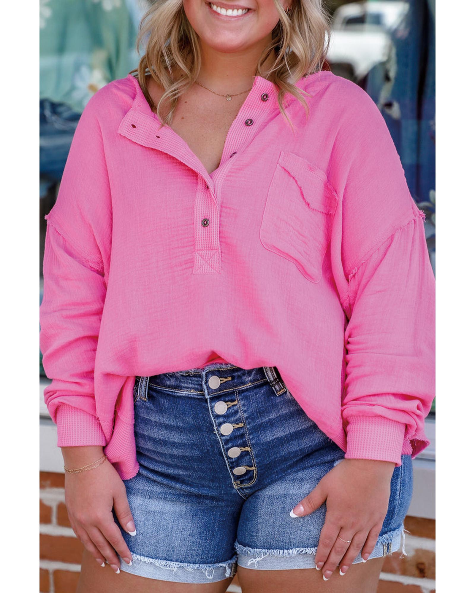 Bonbon Half Buttons Chest Pocket Drop Sleeve Plus Size Top - 1X