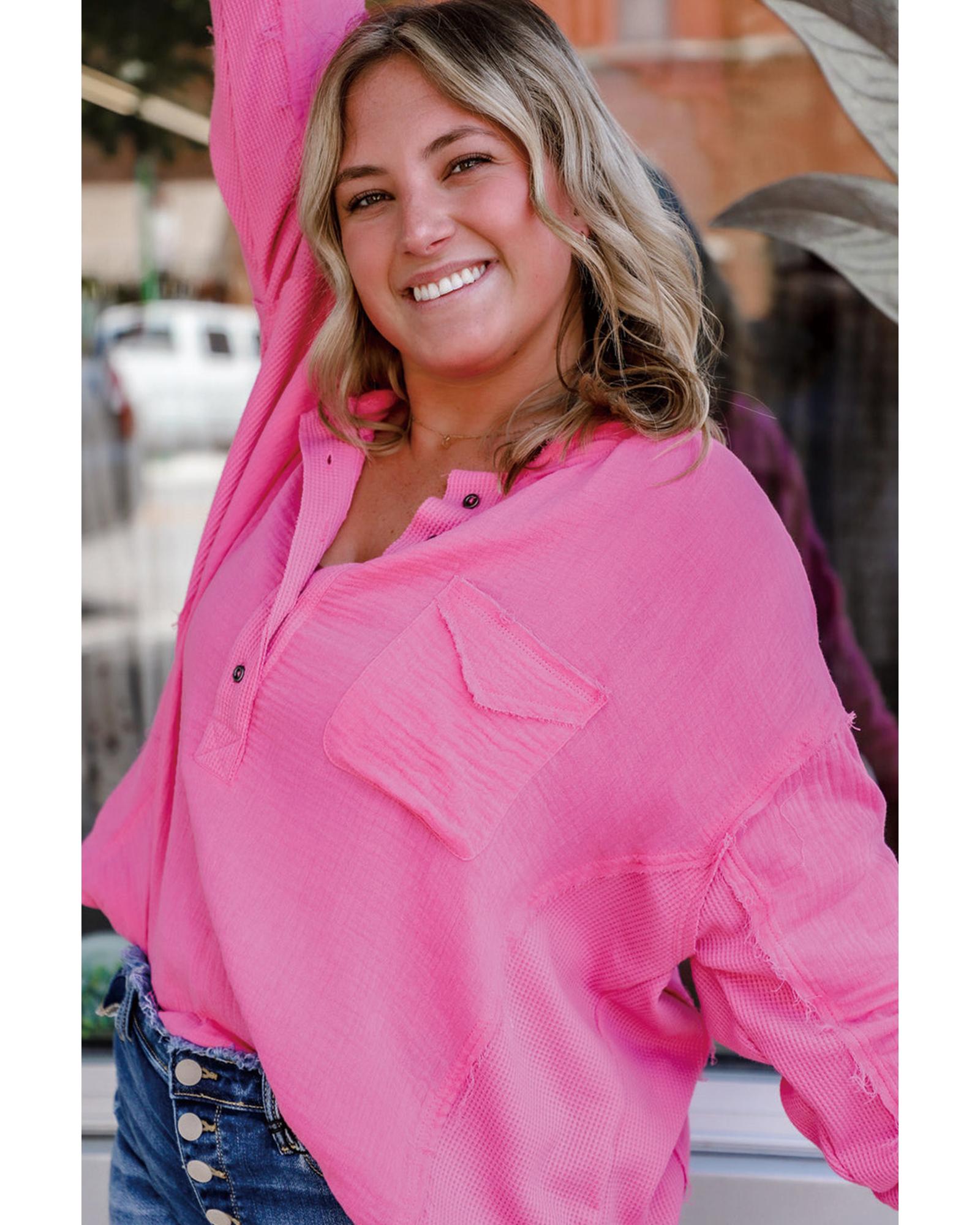 Bonbon Half Buttons Chest Pocket Drop Sleeve Plus Size Top - 1X