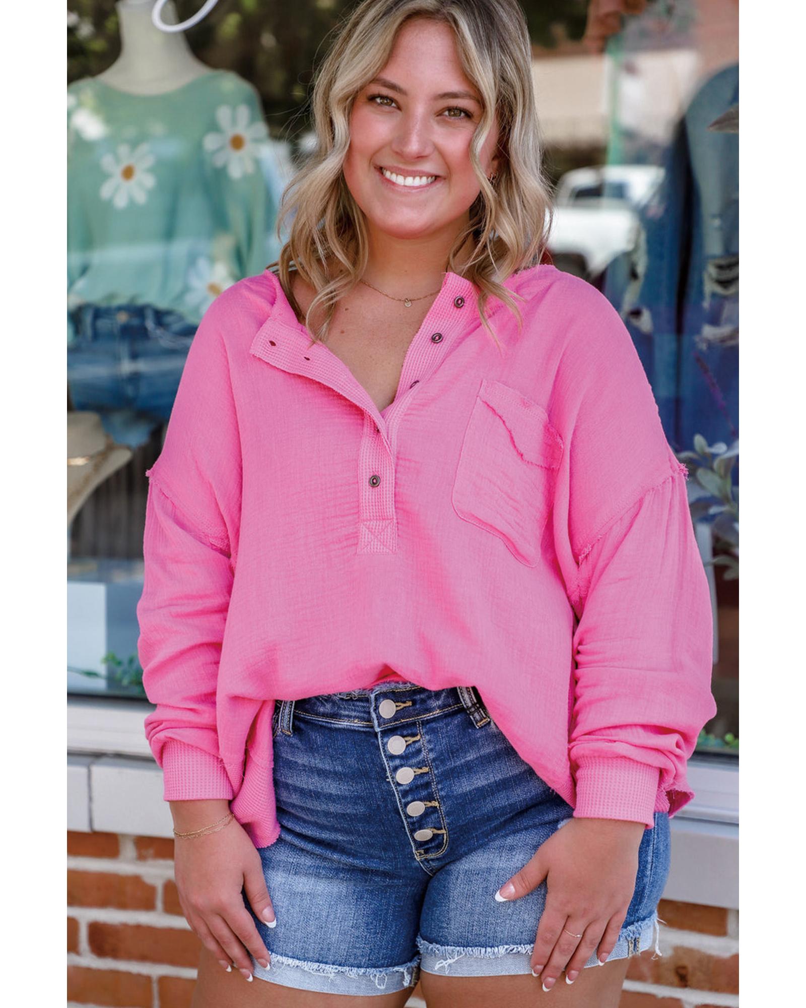 Bonbon Half Buttons Chest Pocket Drop Sleeve Plus Size Top - 1X