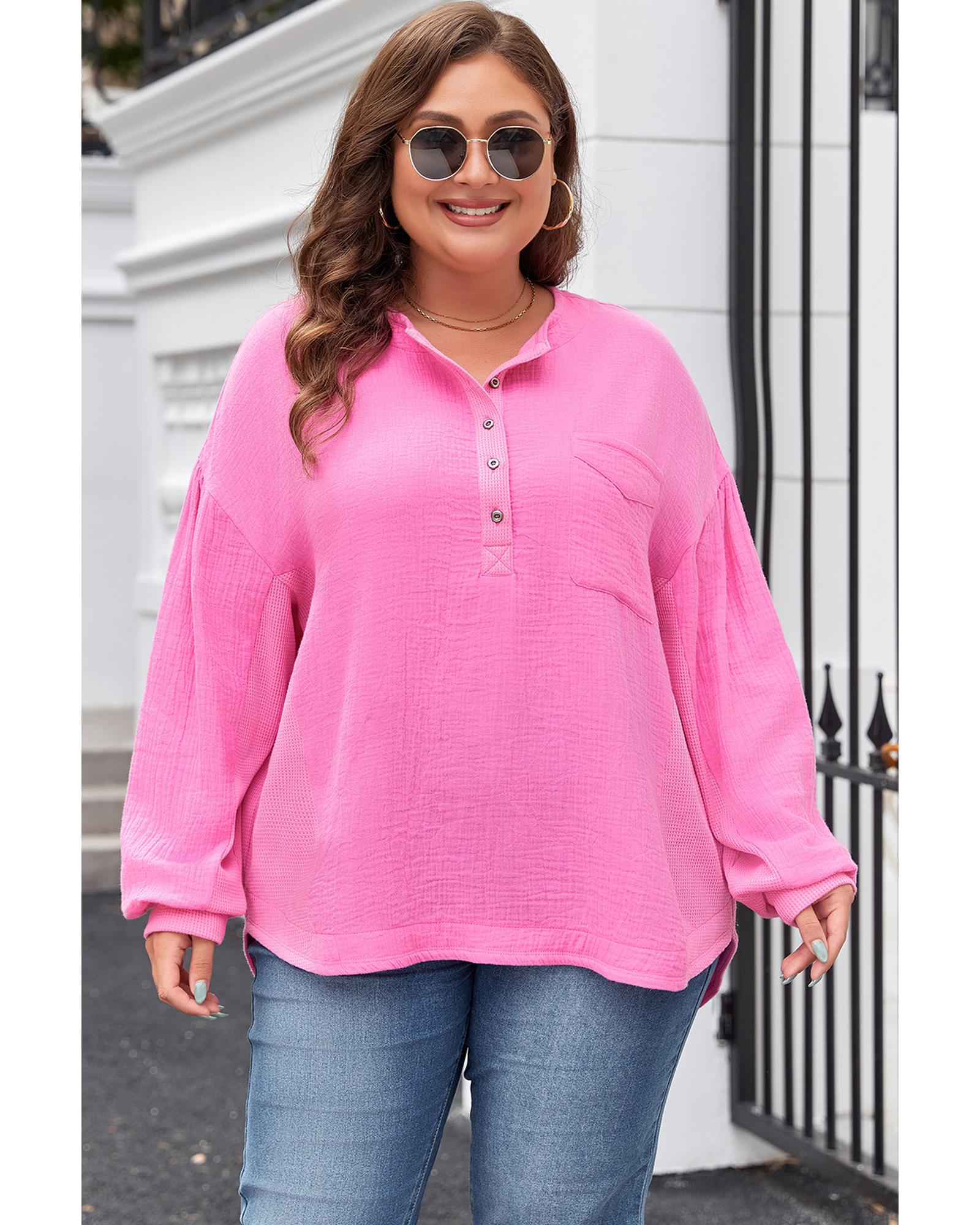 Bonbon Half Buttons Chest Pocket Drop Sleeve Plus Size Top - 2X