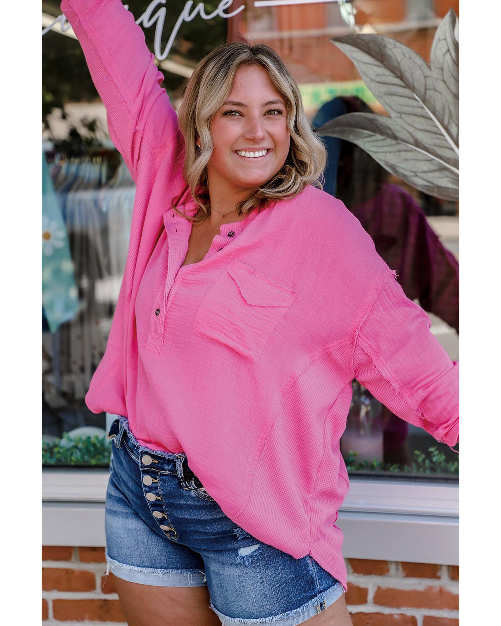 Bonbon Half Buttons Chest Pocket Drop Sleeve Plus Size Top - 2X