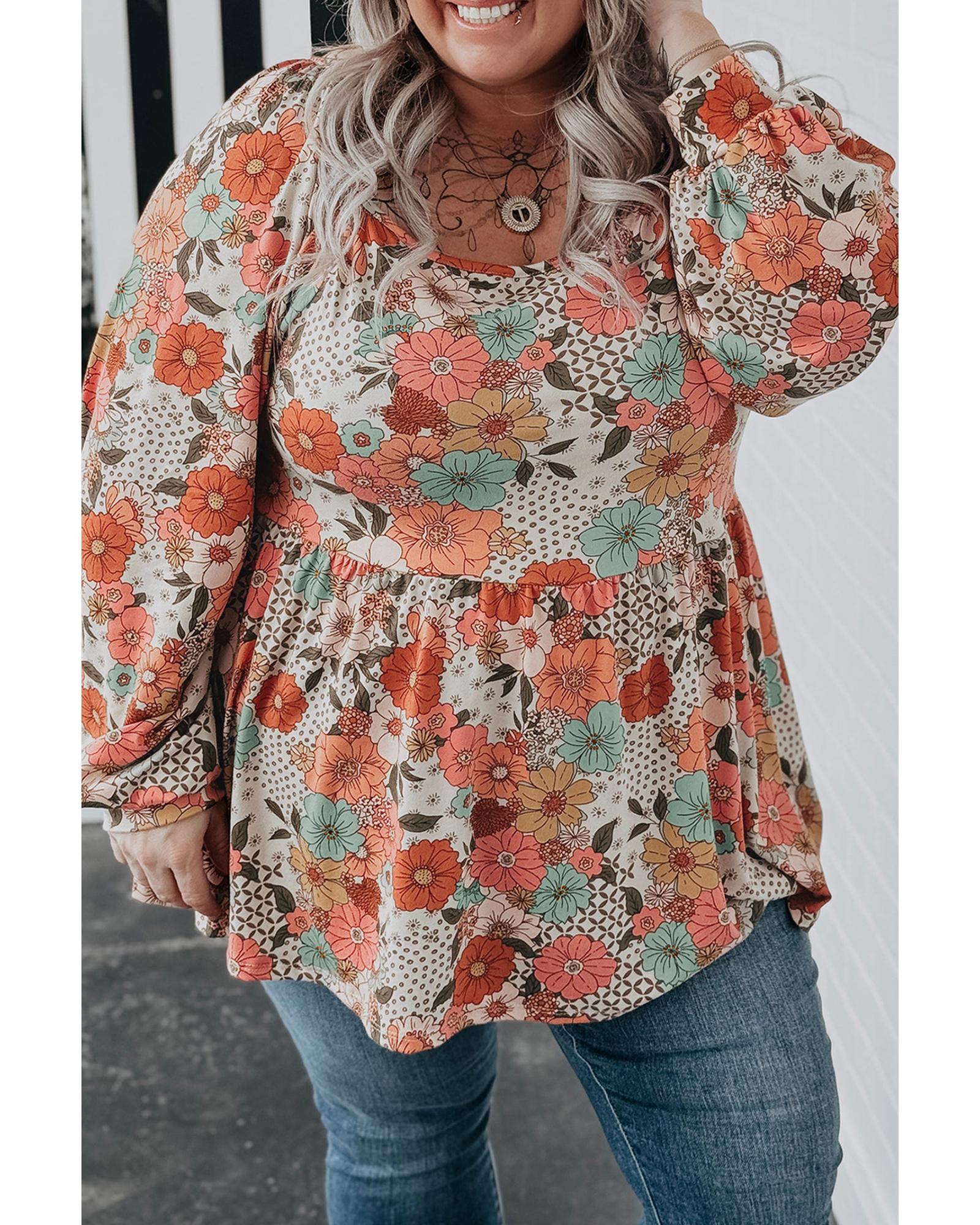 Khaki Plus Size Flower Print Square Neck Peplum Blouse - 3X