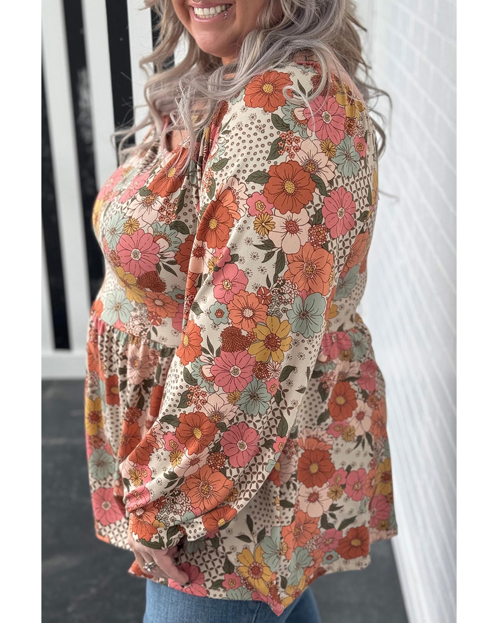 Khaki Plus Size Flower Print Square Neck Peplum Blouse - 3X