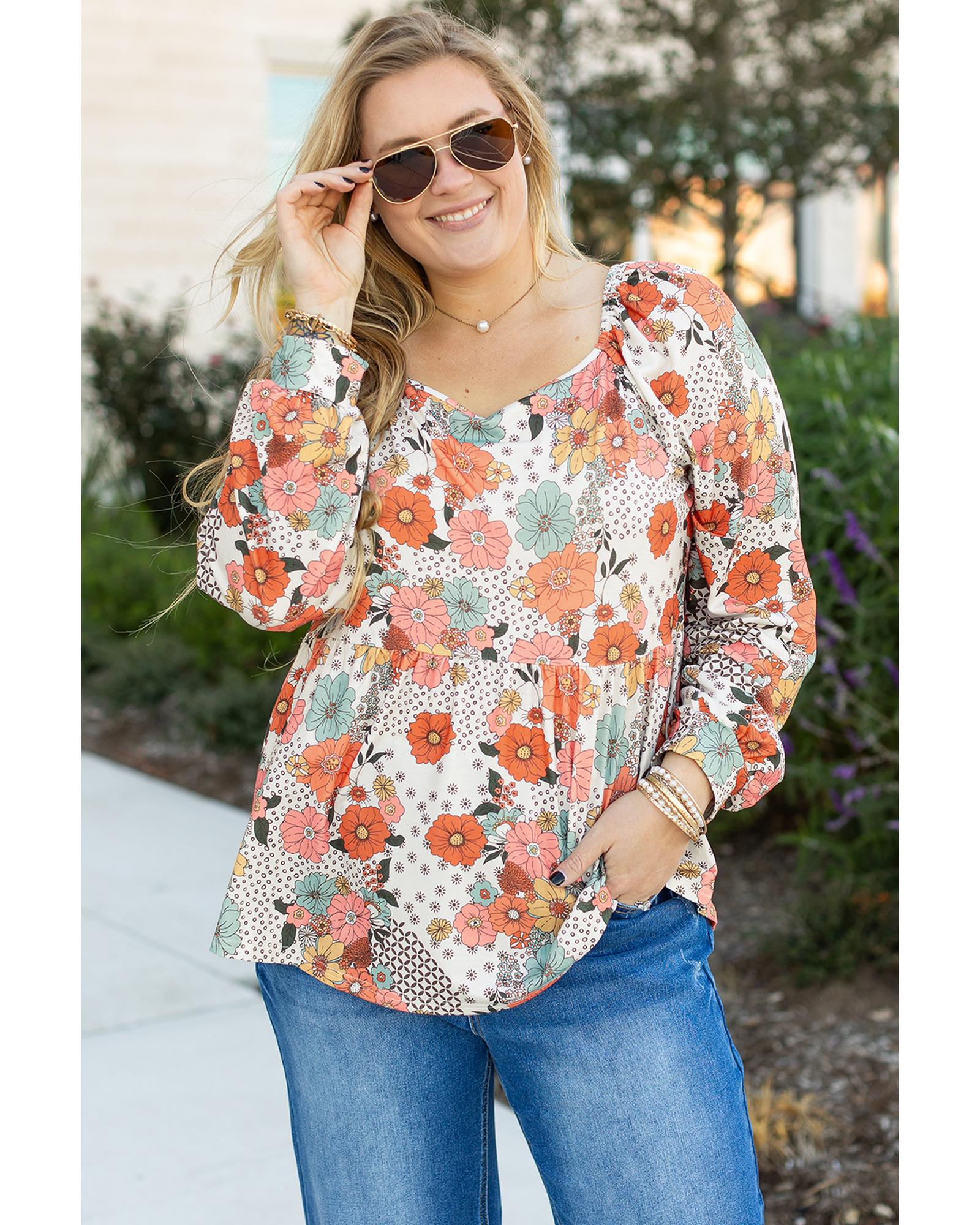 Khaki Plus Size Flower Print Square Neck Peplum Blouse - 3X
