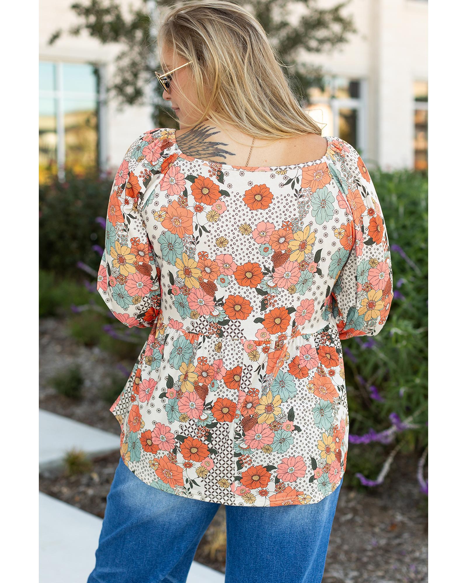 Khaki Plus Size Flower Print Square Neck Peplum Blouse - 3X