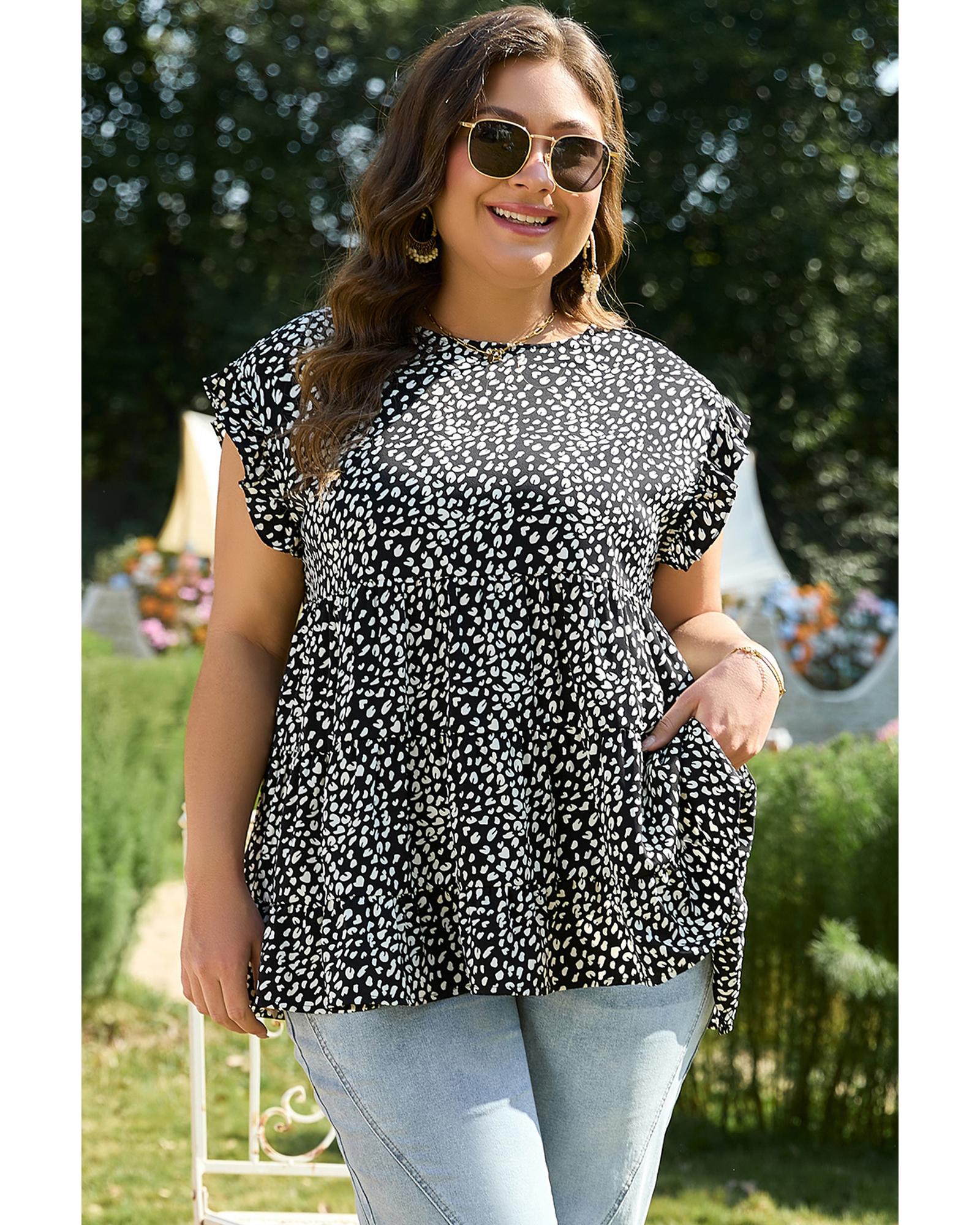 Black Leopard Print Ruffled Short Sleeve Keyhole Back Tiered Flowy Plus Size Blouse - 1X