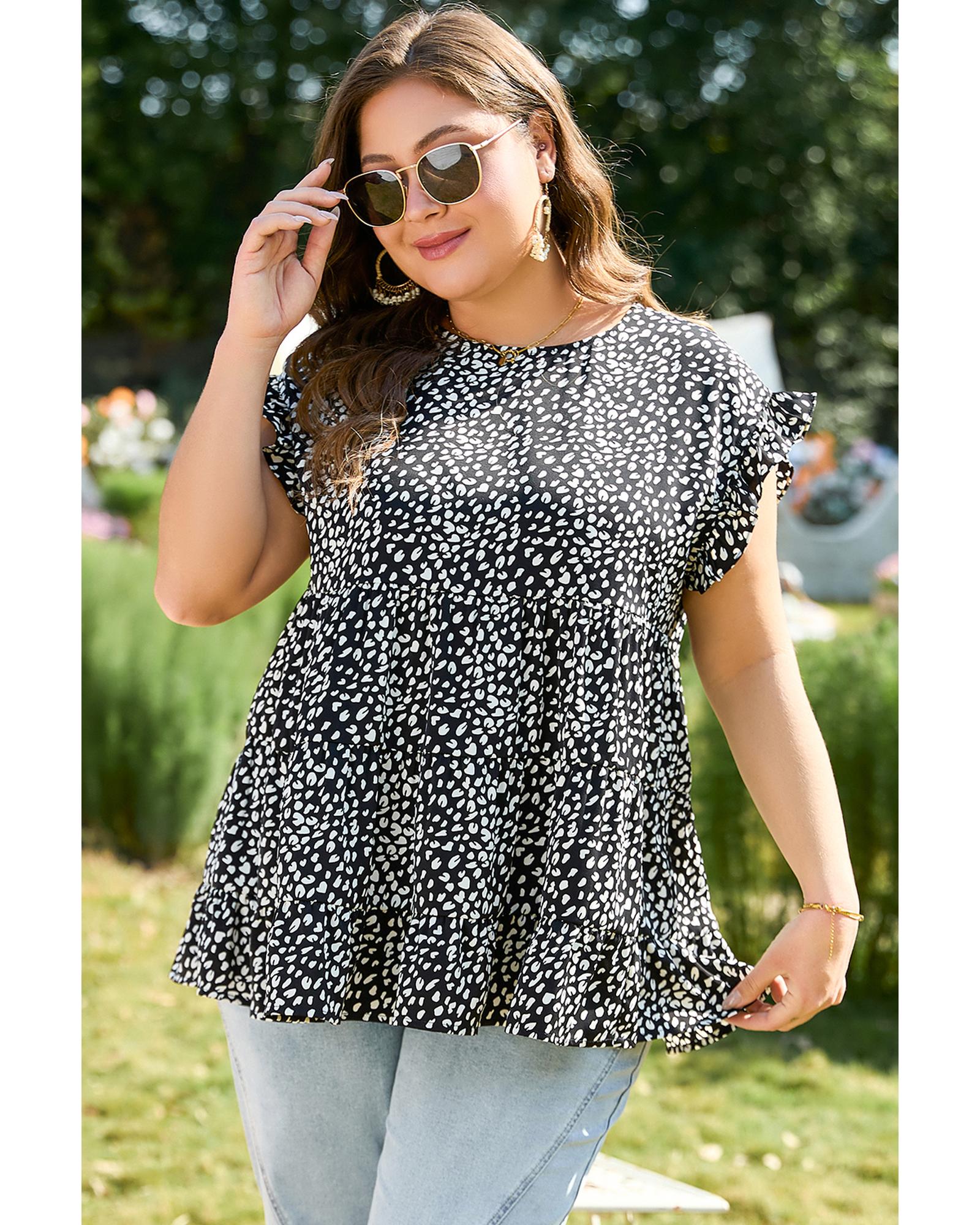 Black Leopard Print Ruffled Short Sleeve Keyhole Back Tiered Flowy Plus Size Blouse - 1X