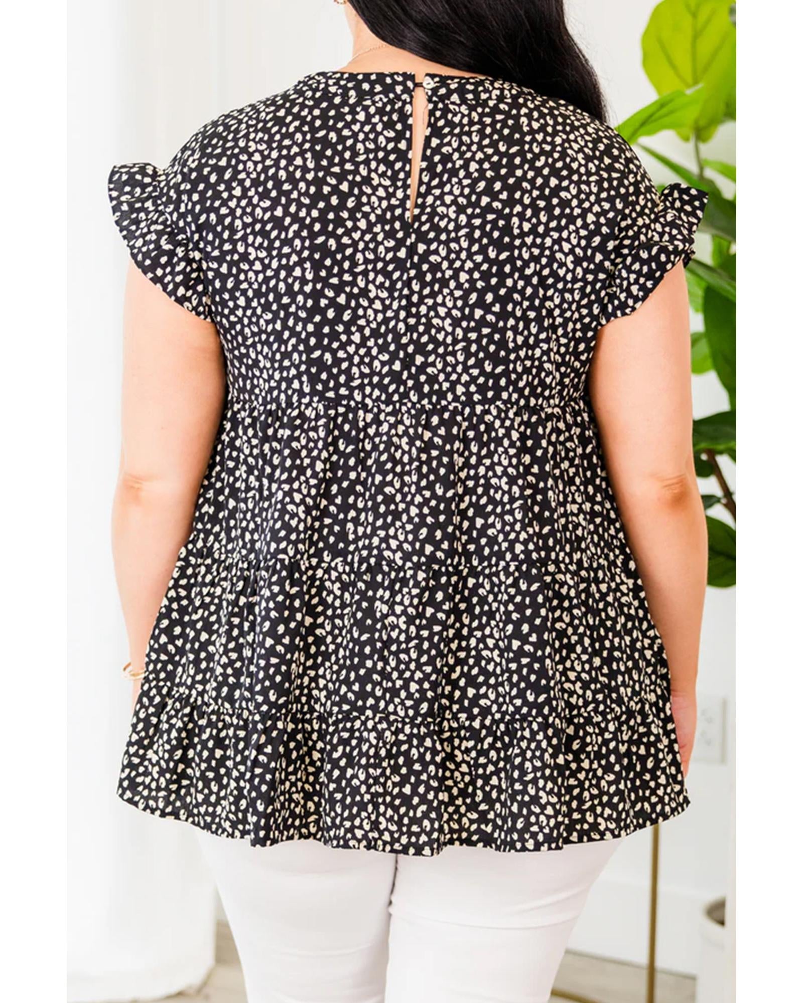 Black Leopard Print Ruffled Short Sleeve Keyhole Back Tiered Flowy Plus Size Blouse - 1X