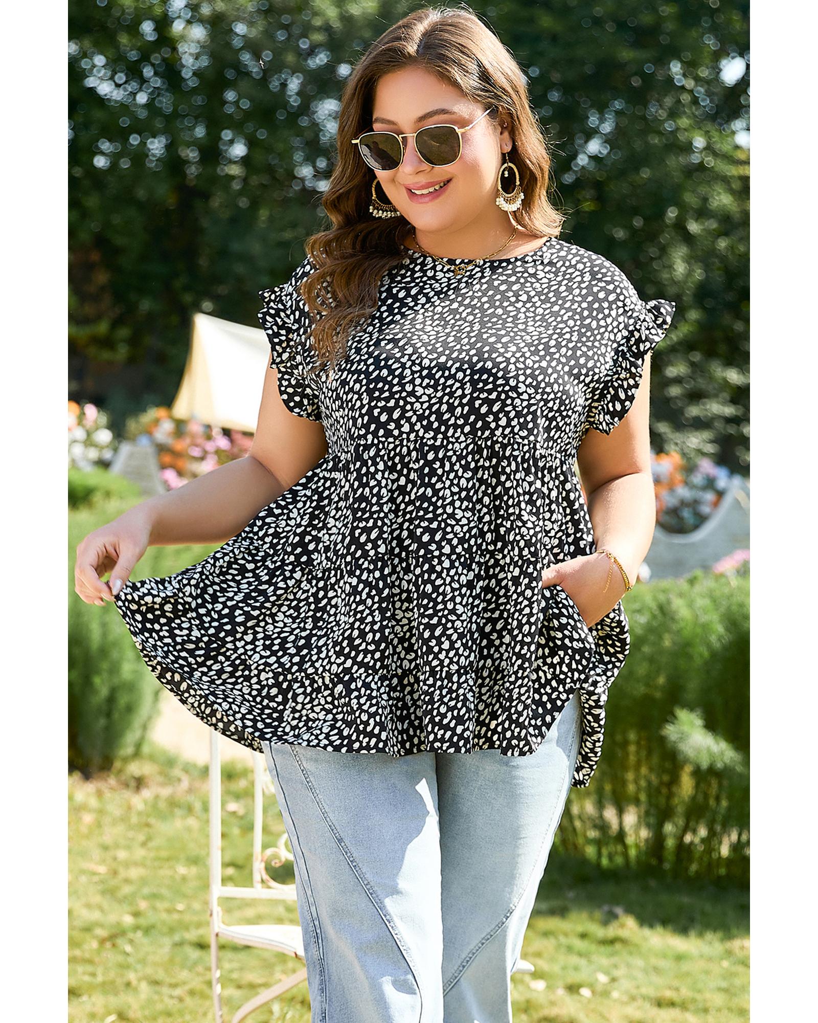 Black Leopard Print Ruffled Short Sleeve Keyhole Back Tiered Flowy Plus Size Blouse - 4X