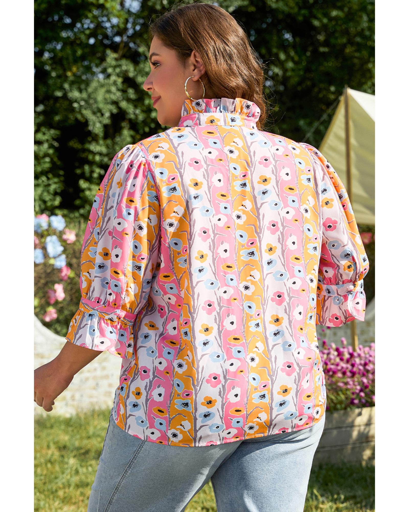 Pink Floral Ruffled Collar Bracelet Sleeve Plus Size Blouse Top - 1X