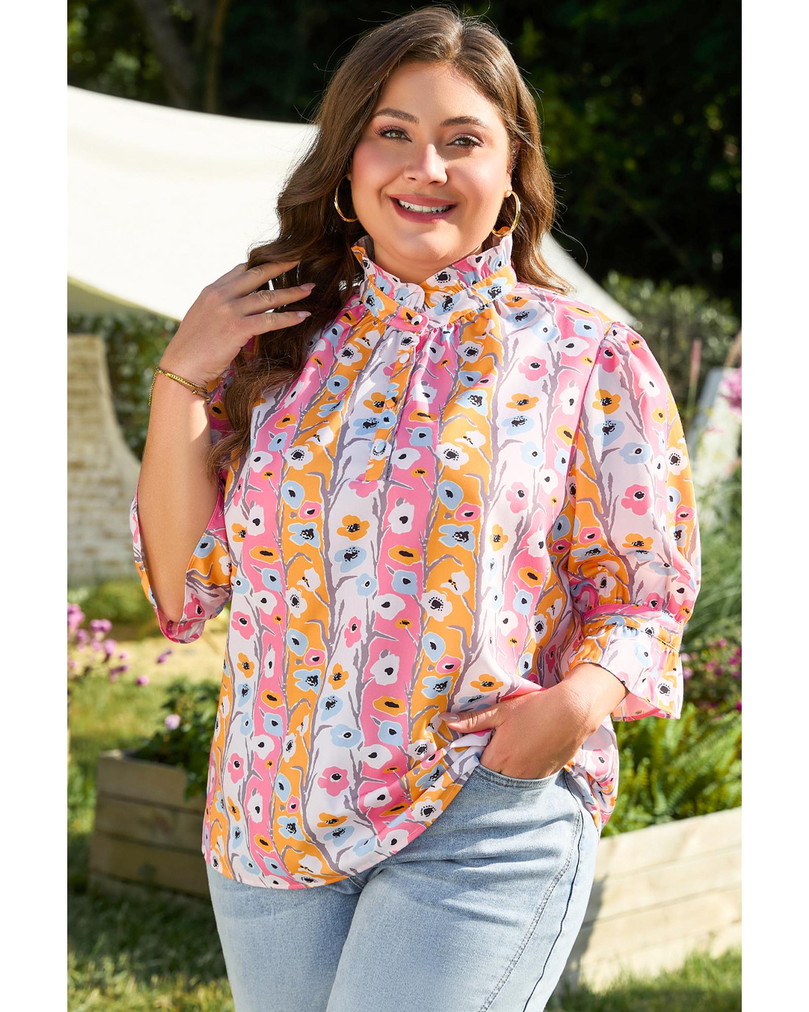 Pink Floral Ruffled Collar Bracelet Sleeve Plus Size Blouse Top - 3X