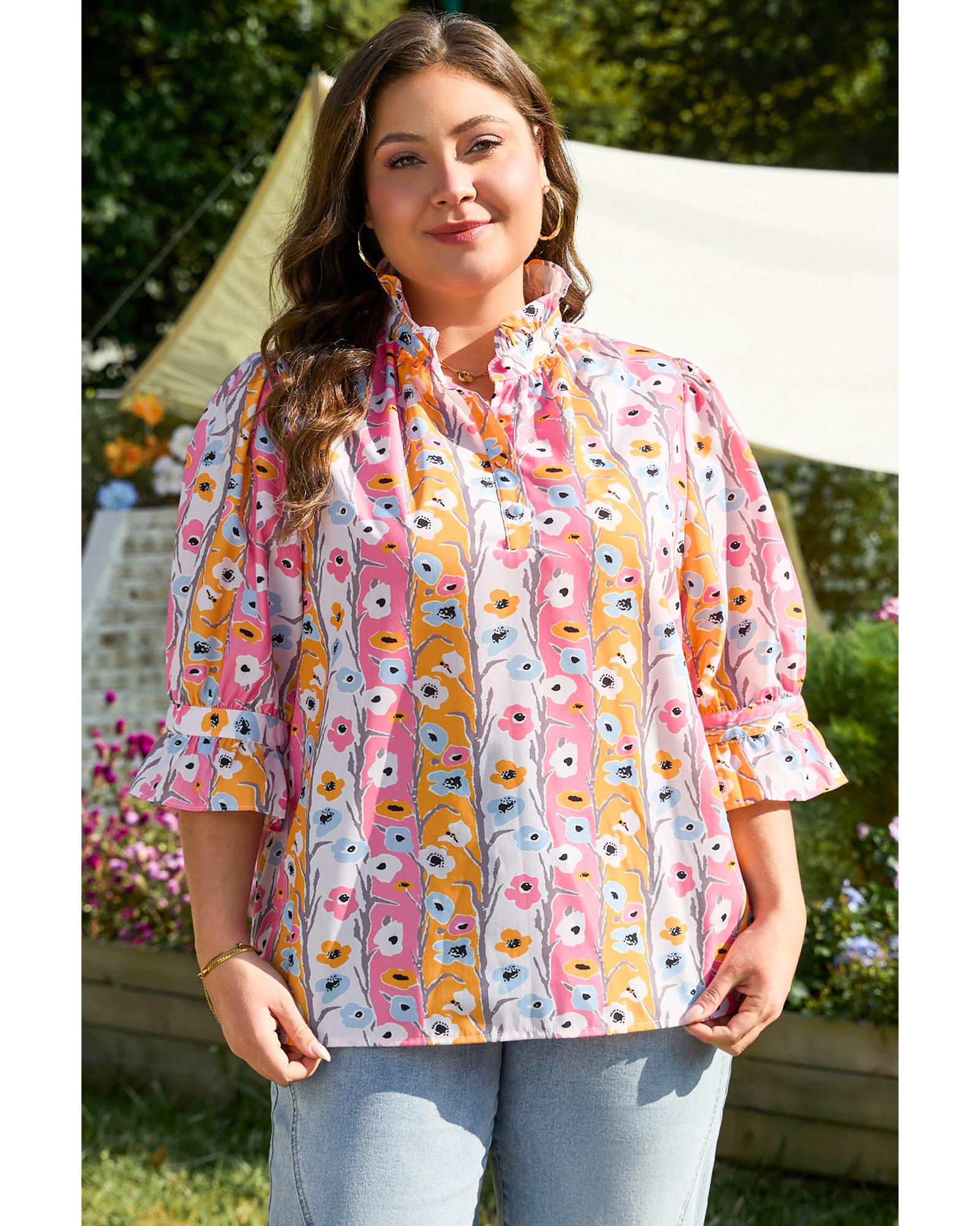 Pink Floral Ruffled Collar Bracelet Sleeve Plus Size Blouse Top - 3X